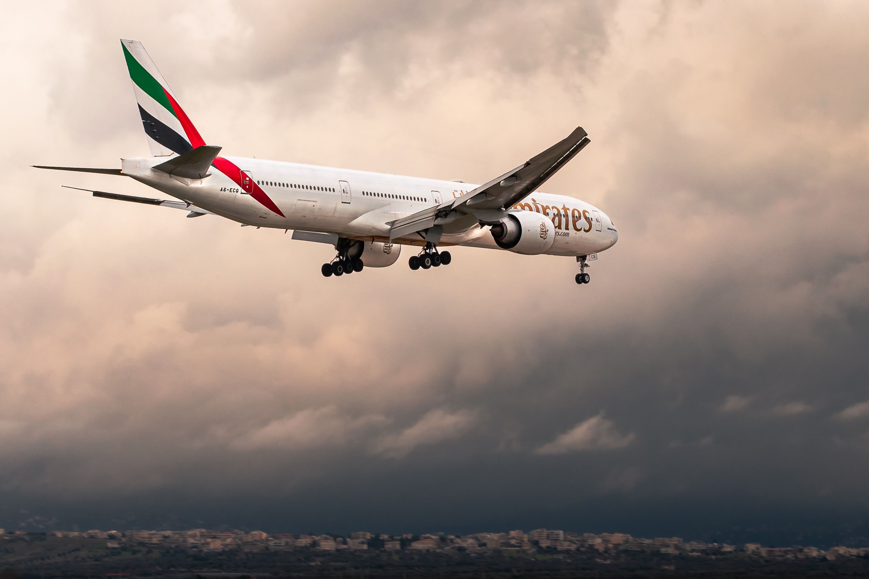 Emirates Boeing 777-300ER landing at Athens airport