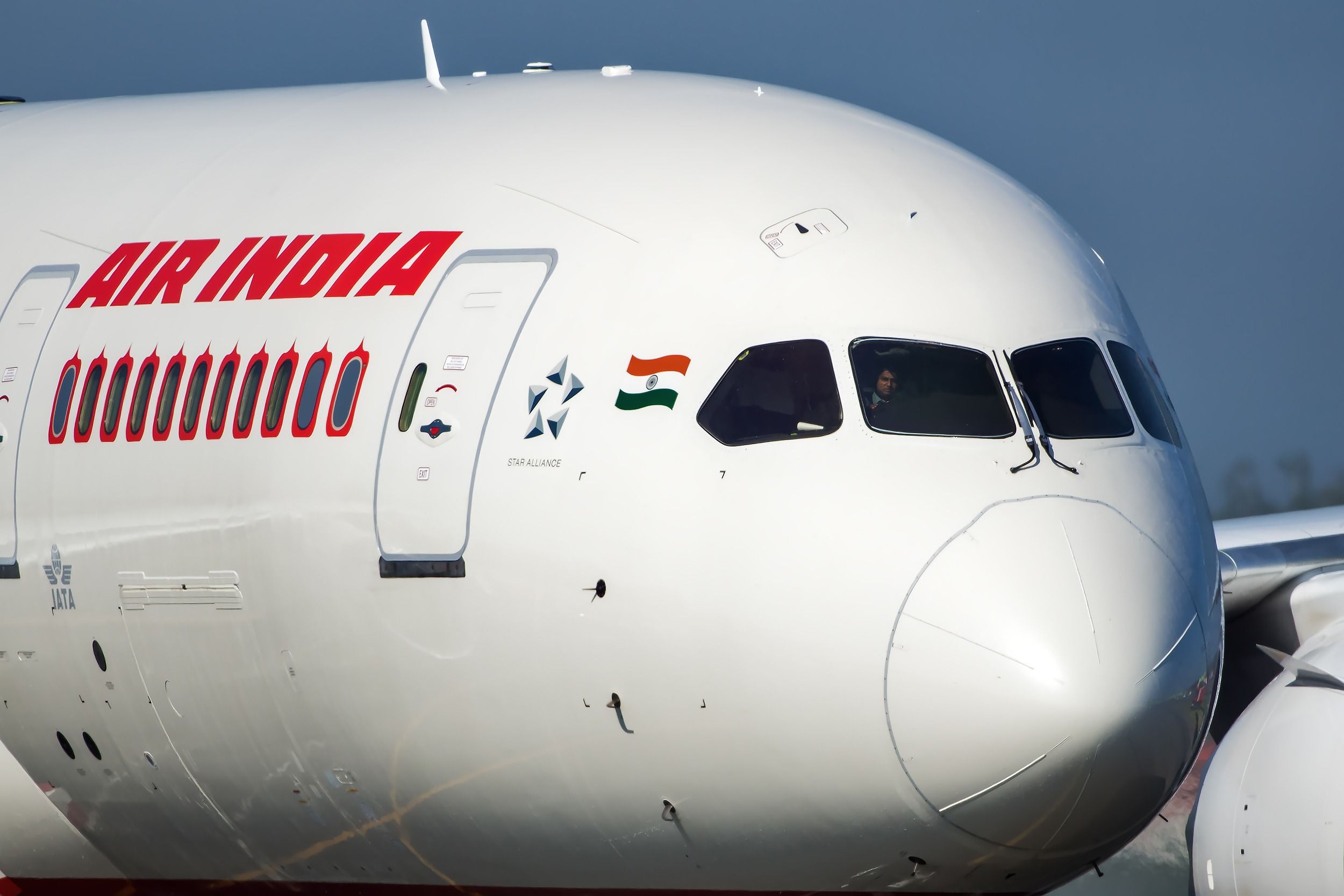 A closeup of the nose of an Air India Boeing 787.