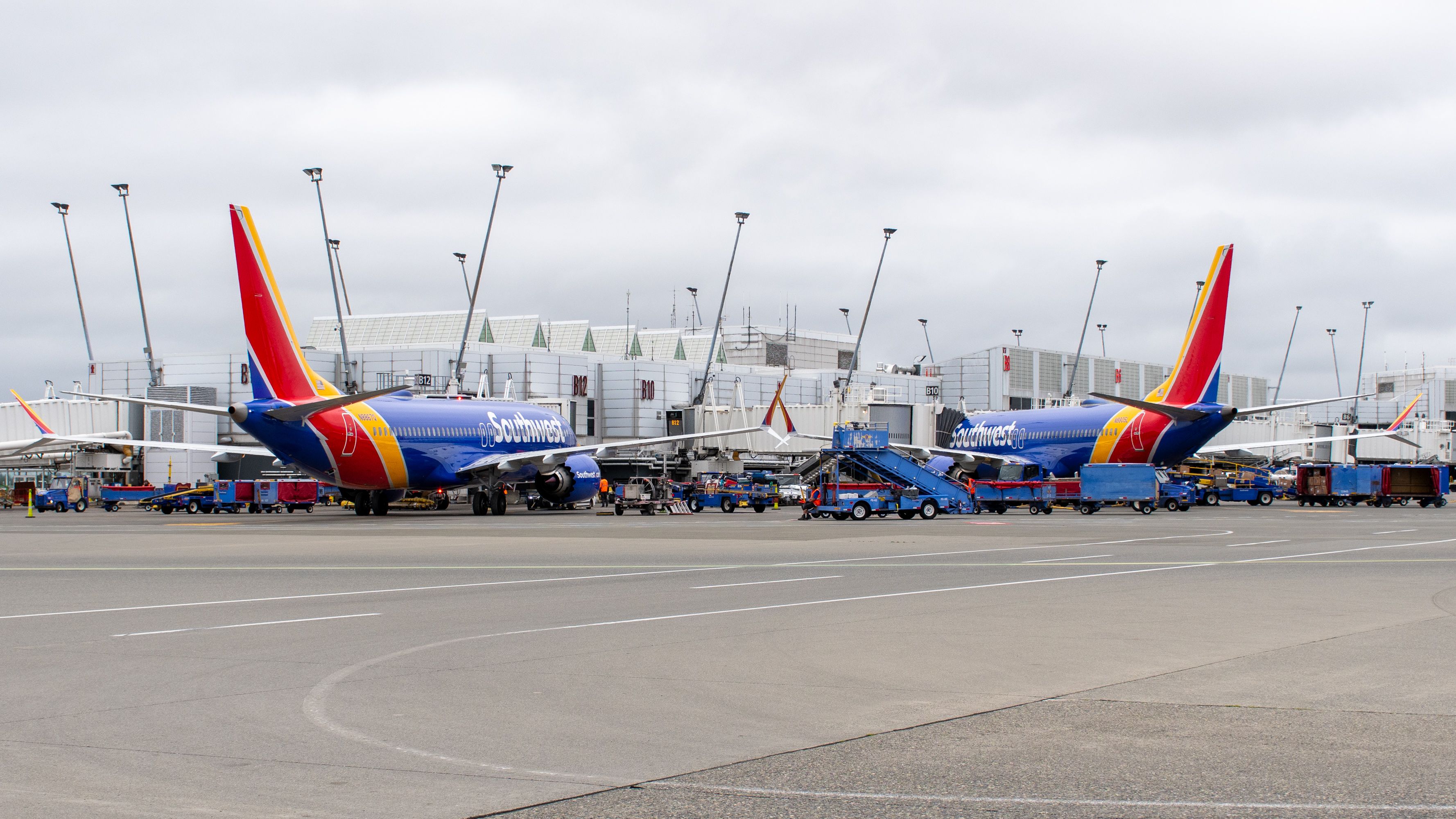 Two Southwest Airlines Boeing 737 MAX 8s parked at Seattle–Tacoma International Airport.