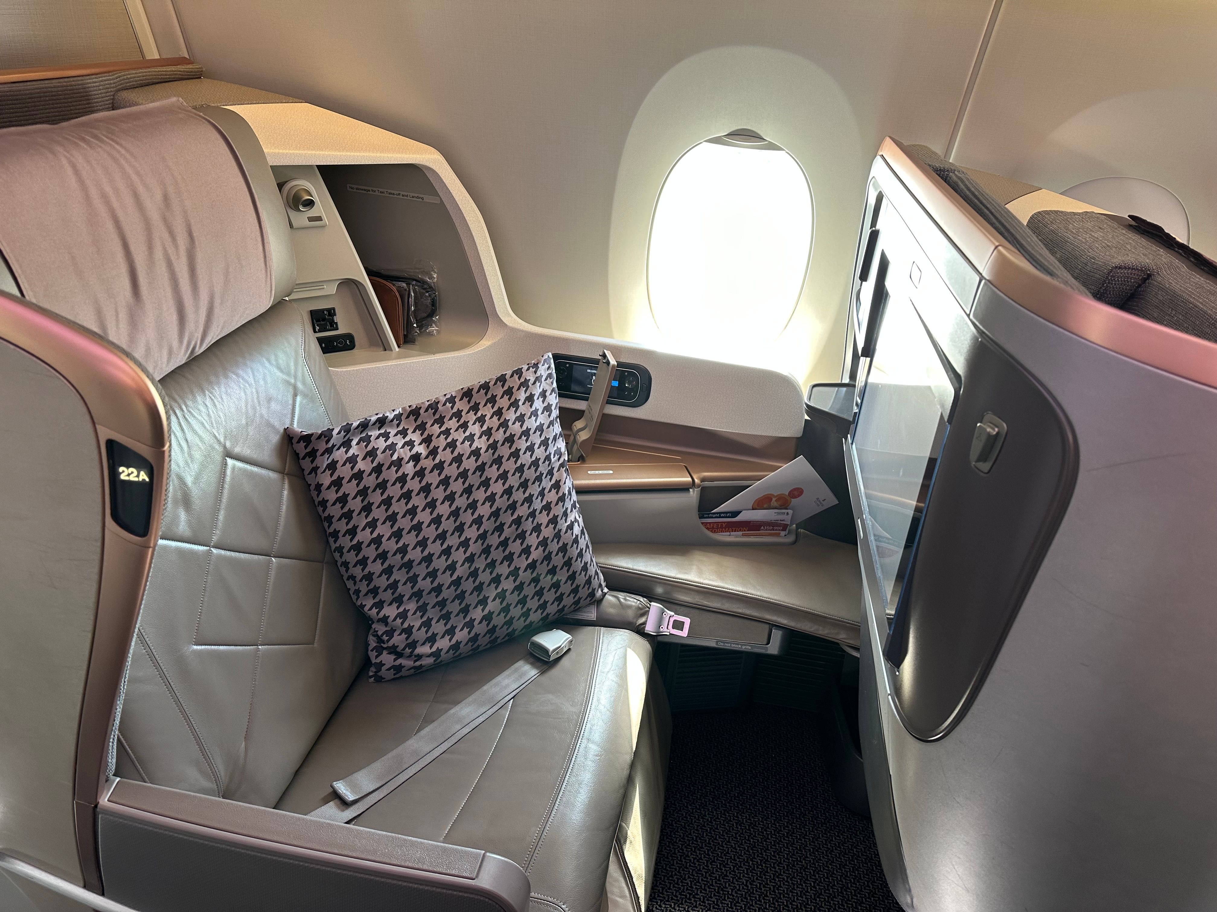 A Singapore Airlines Airbus A350 Business Class seat.