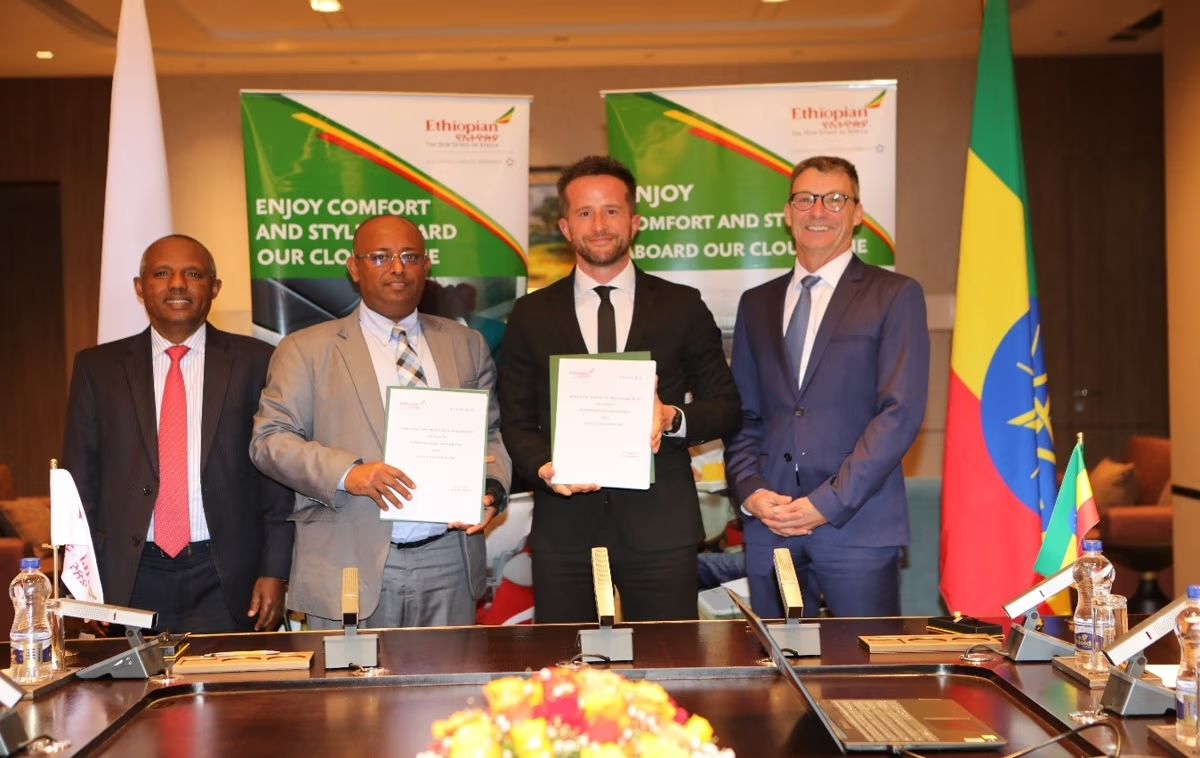 Ethiopian Airlines and Thales at contract signing ceremony (Pictured above left to right: ​ Mesfin Tasew: Group Chief Executive Officer – Ethiopian Airlines Group, Retta Melaku: COO – Ethiopian Airlines, Mathieu Franco: Senior Account Manager - Thales Thales InFlyt Experience, Bruno Guinamand: Regional Vice President - Thales InFlyt Experience)