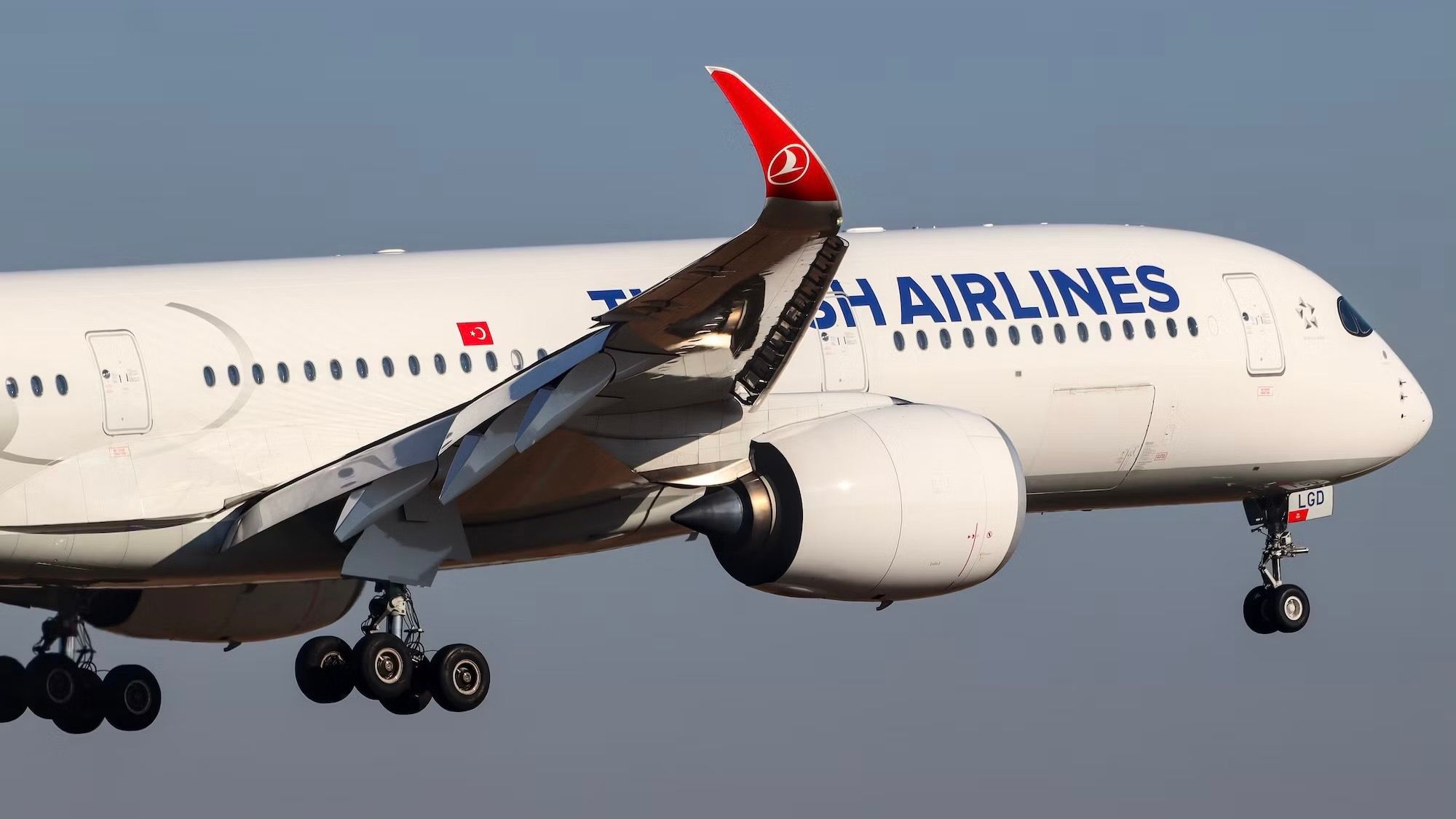 A Turkish Airlines Airbus A350 flying in the sky.