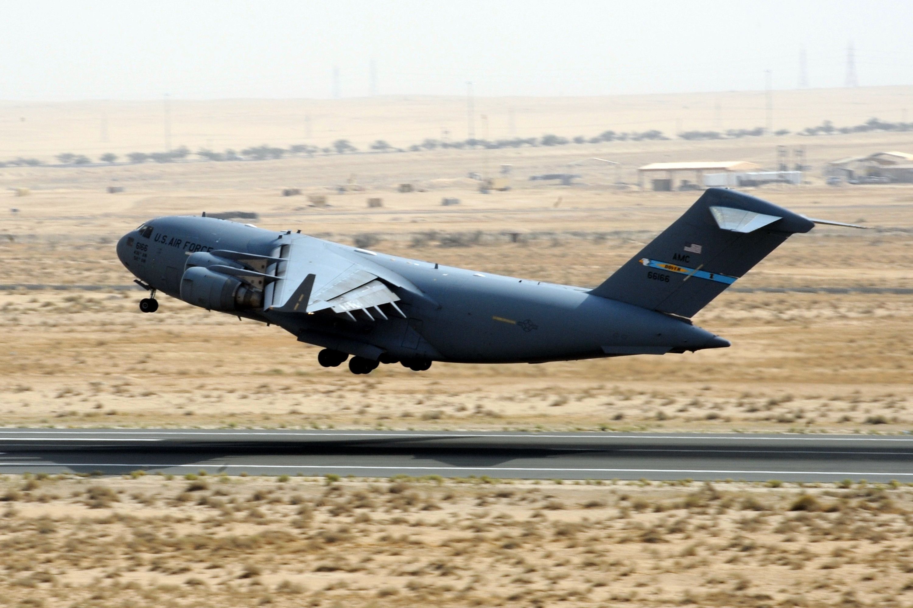 A US Air Force transport aircraft just after taking off.