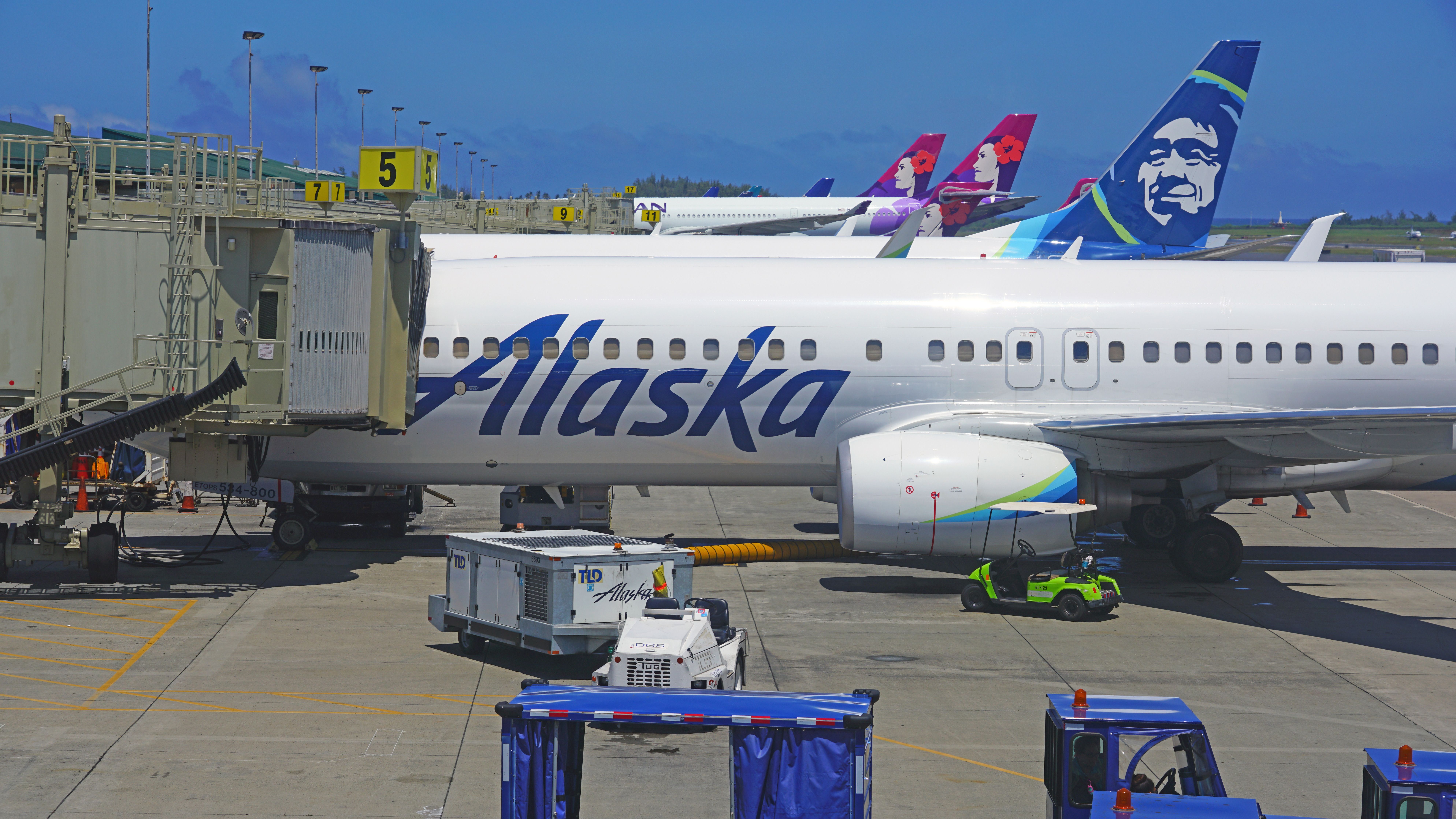 Two Alaska Airlines aircraft parked next to two Hawaiian Airlines aircraft at an airport.