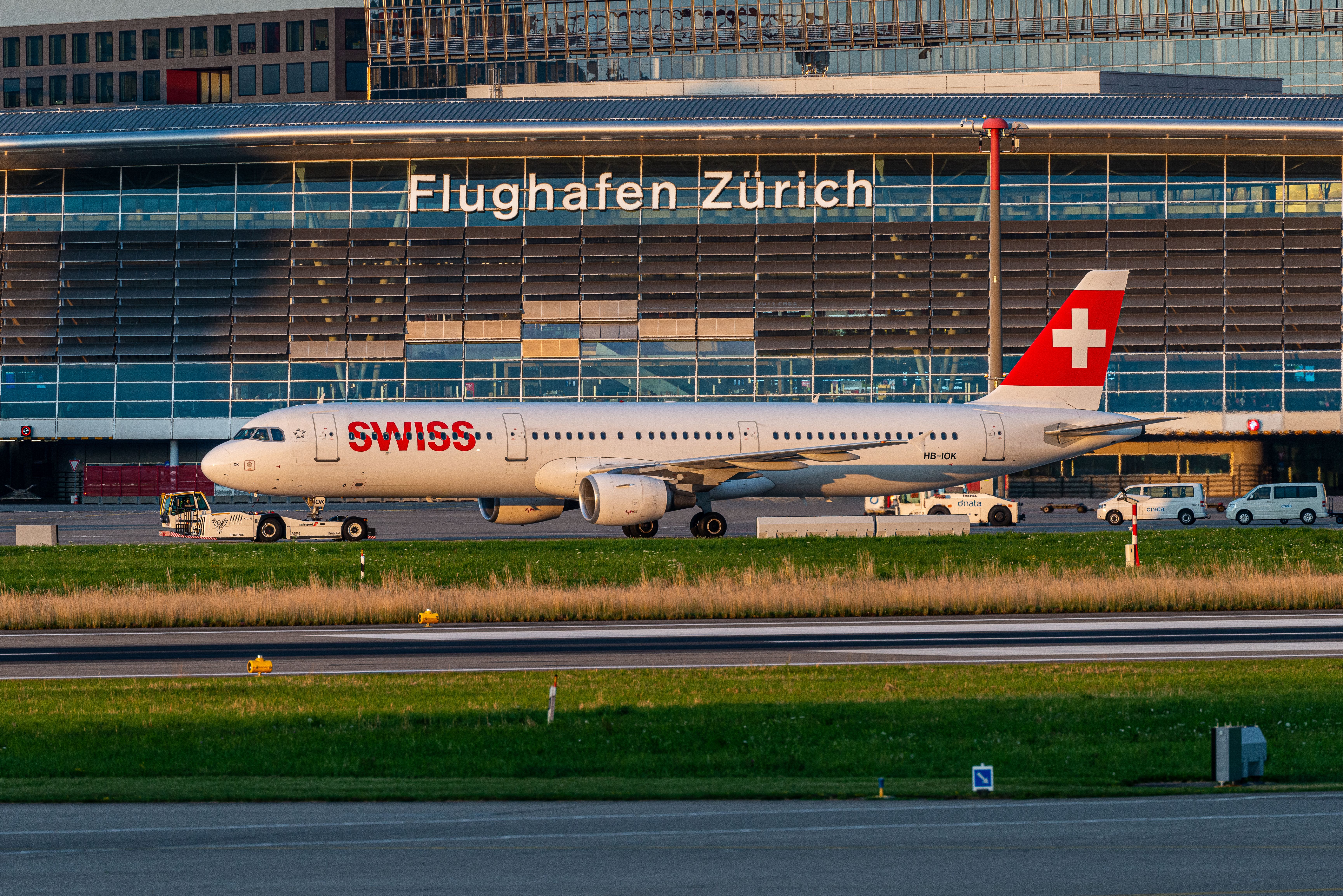 A SWISS plane in front of Zurich Airport