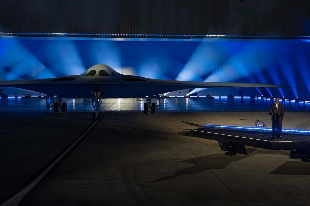 A B-21 Raider at its unveiling ceremony at Palmdale, California.