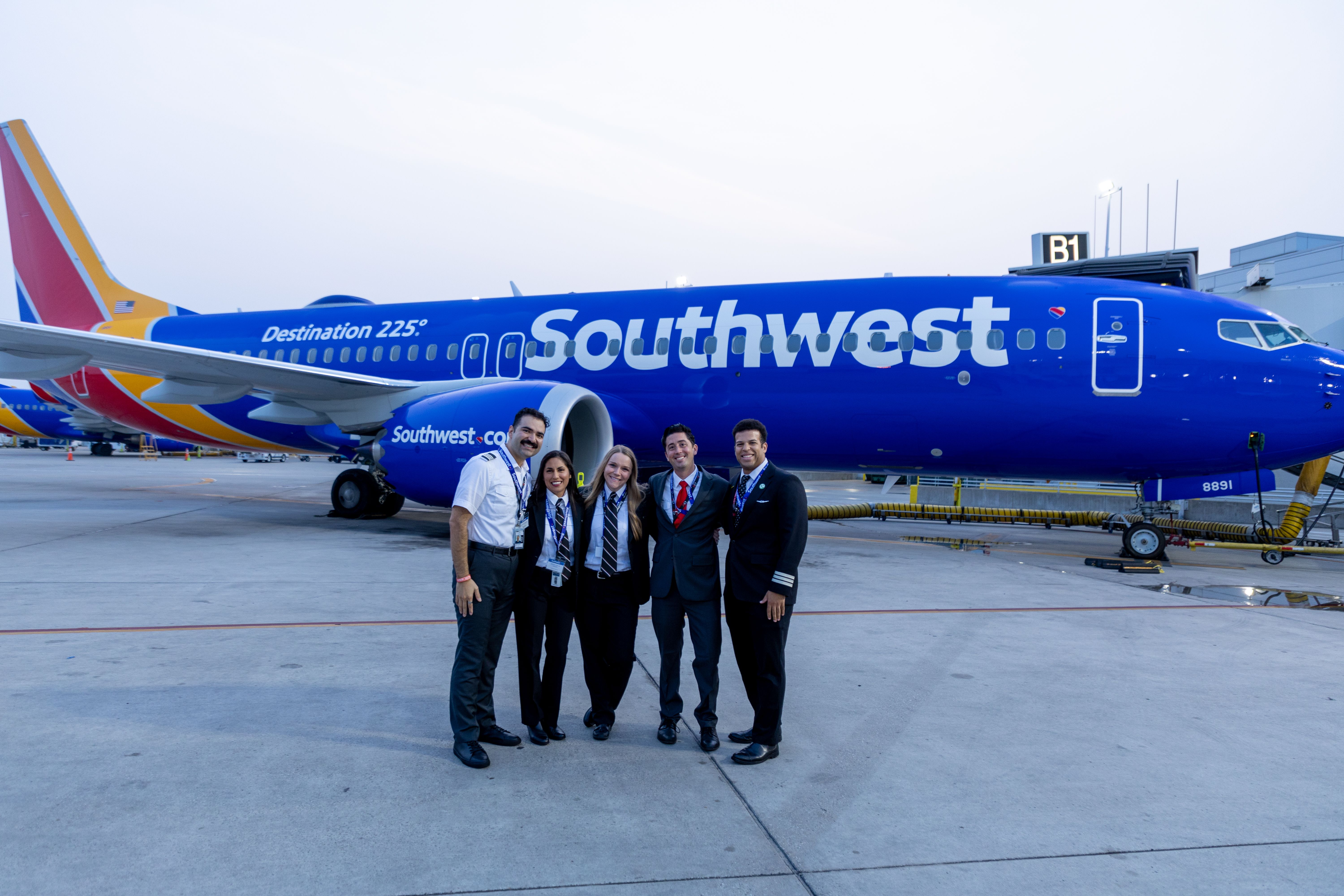 Pilots in front of a Southwest aircraft