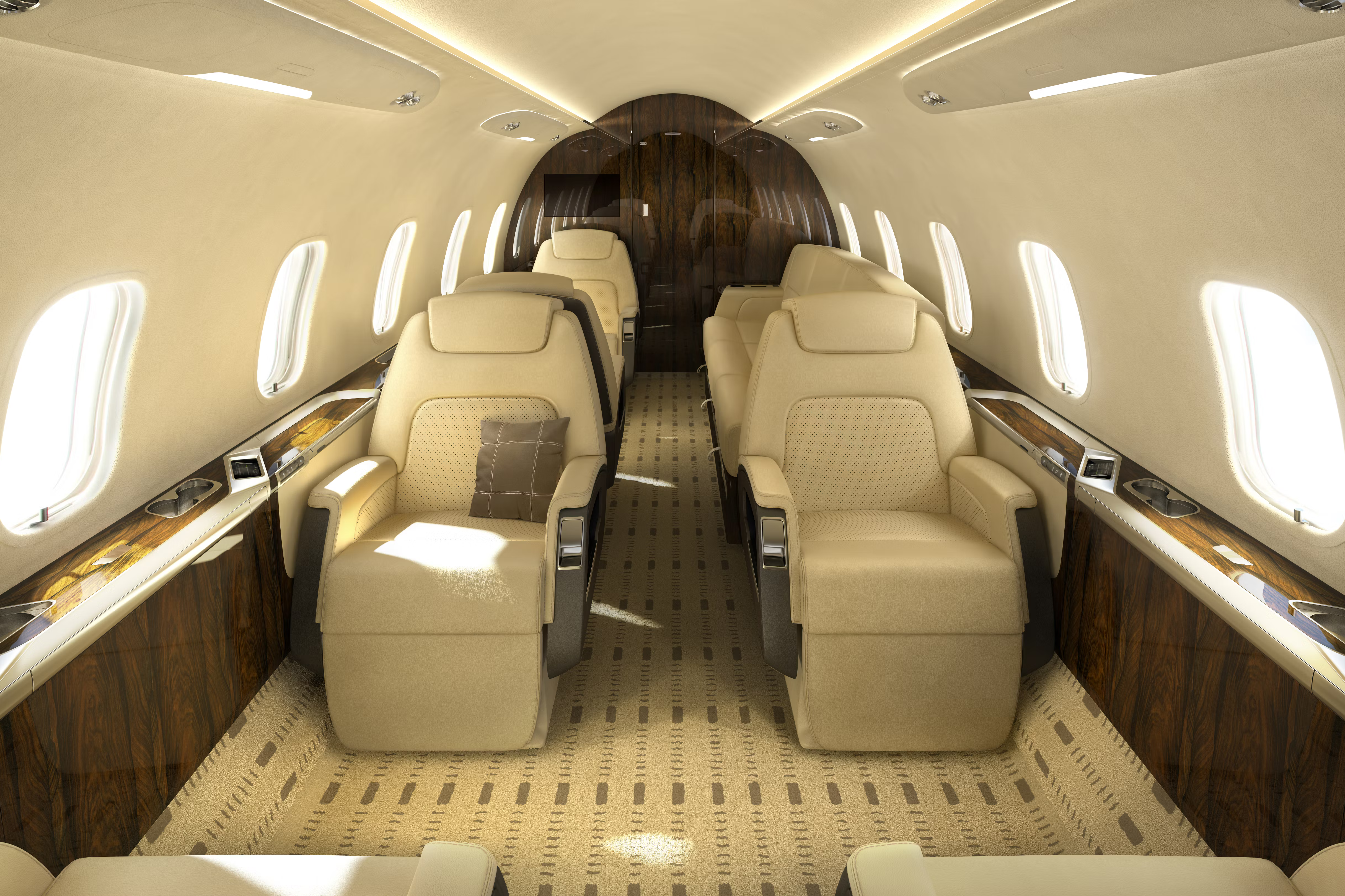 Inside the cabin of a Bombardier Challenger 350.