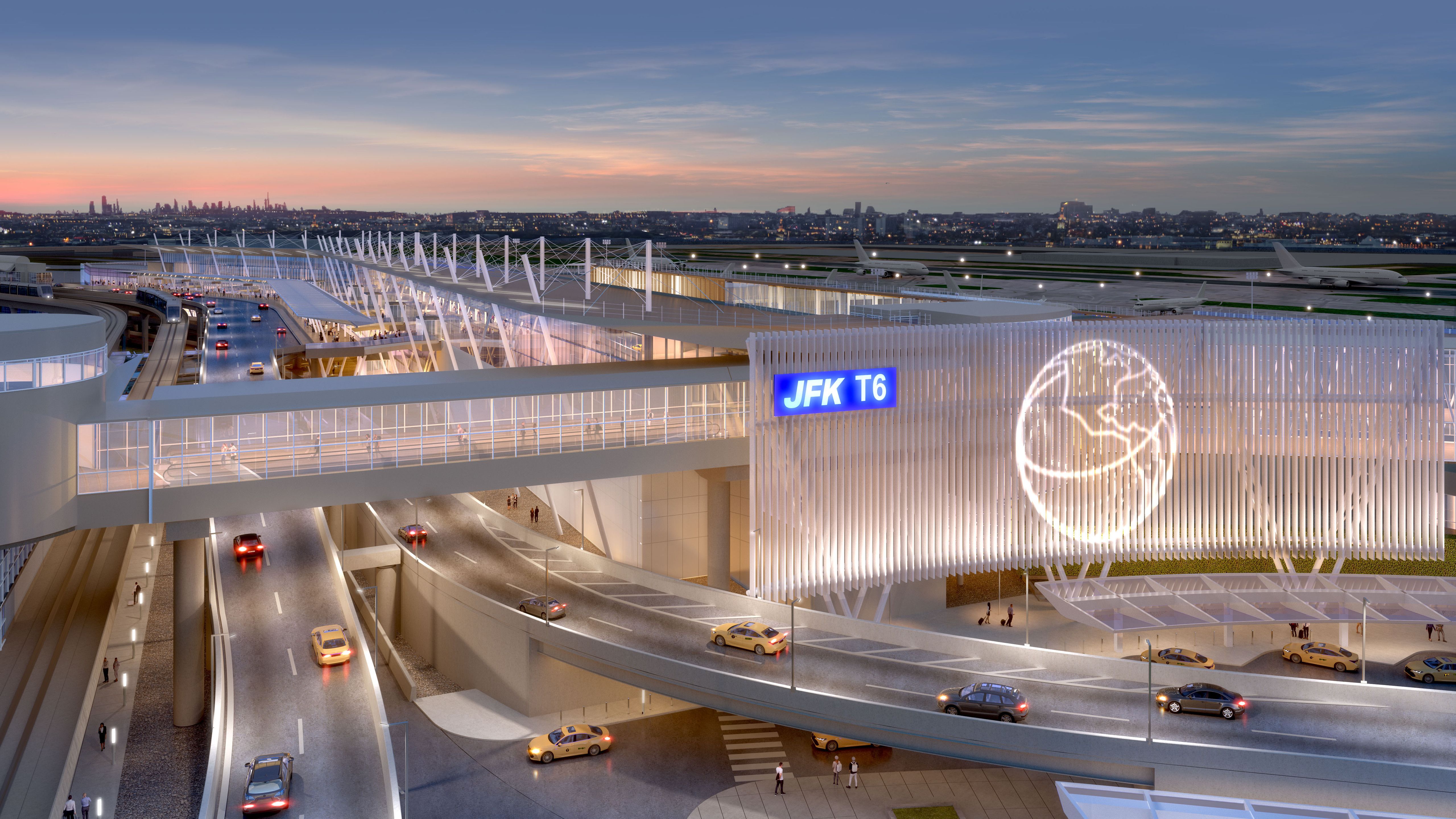 The Exterior of New York JFK's Terminal 6 building with cars driving by at sunset.