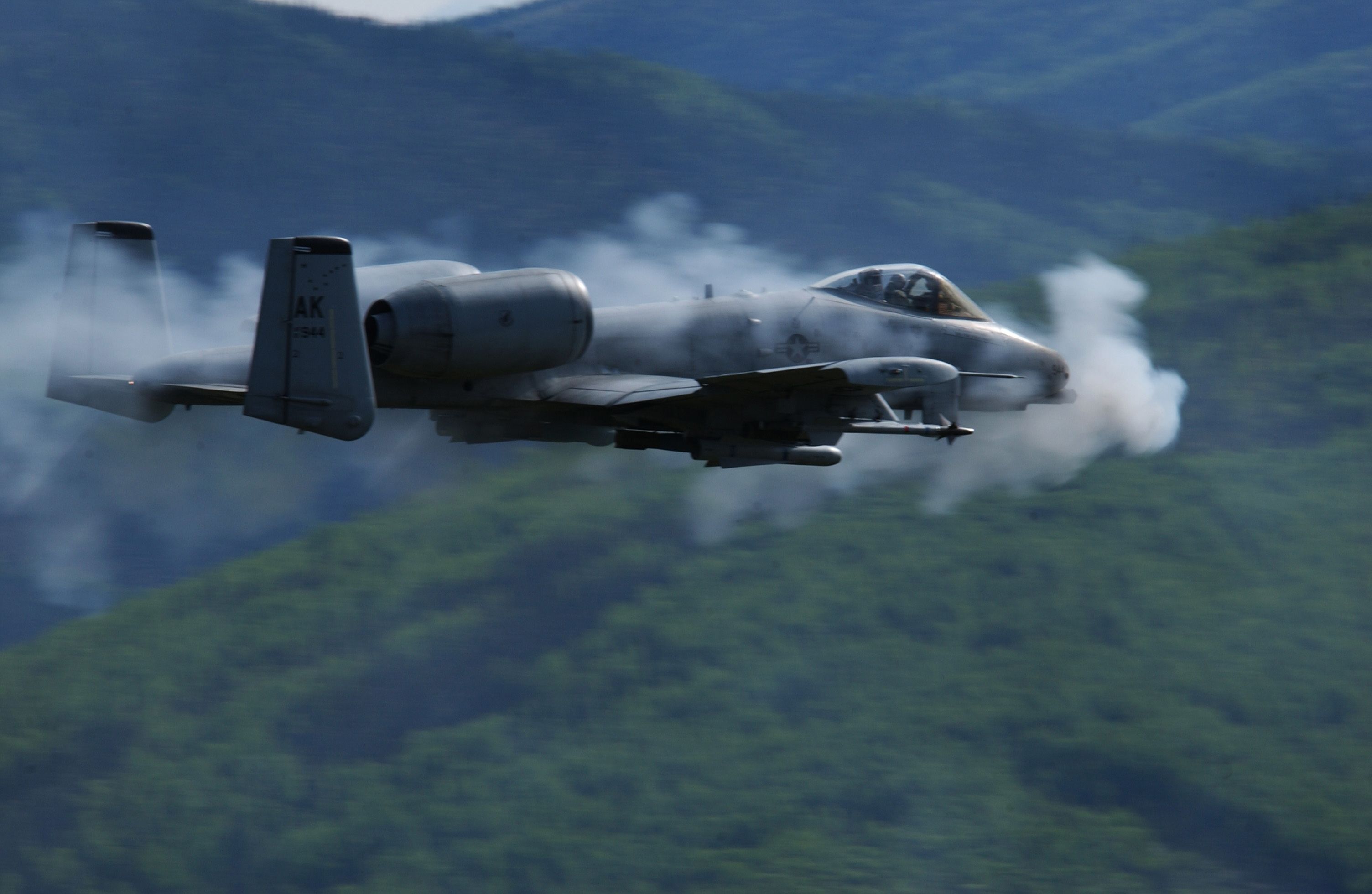 An A-10 Thunderbolt flying over a jungle.