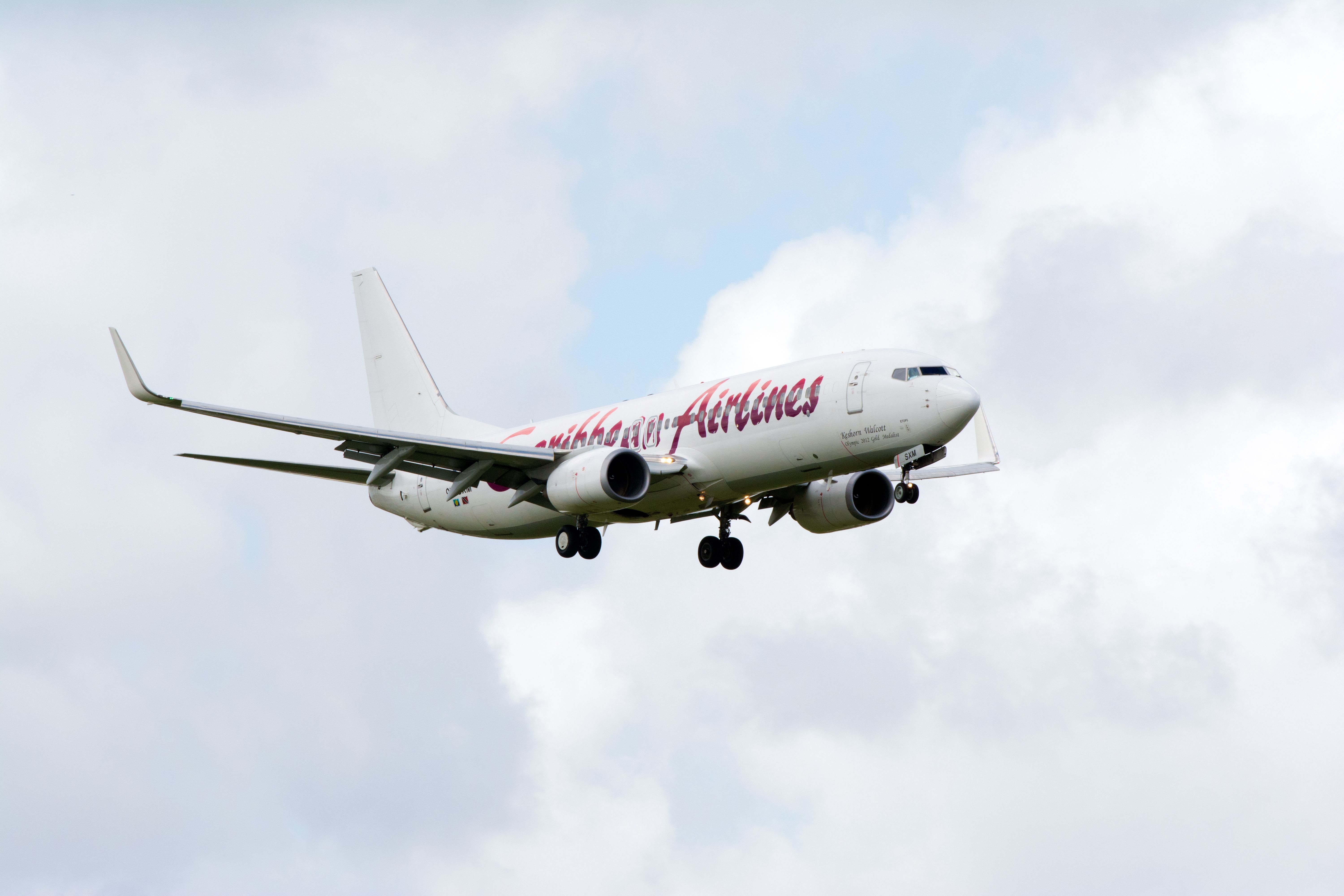 A Caribbean Airlines Boeing 737 flying in the sky.