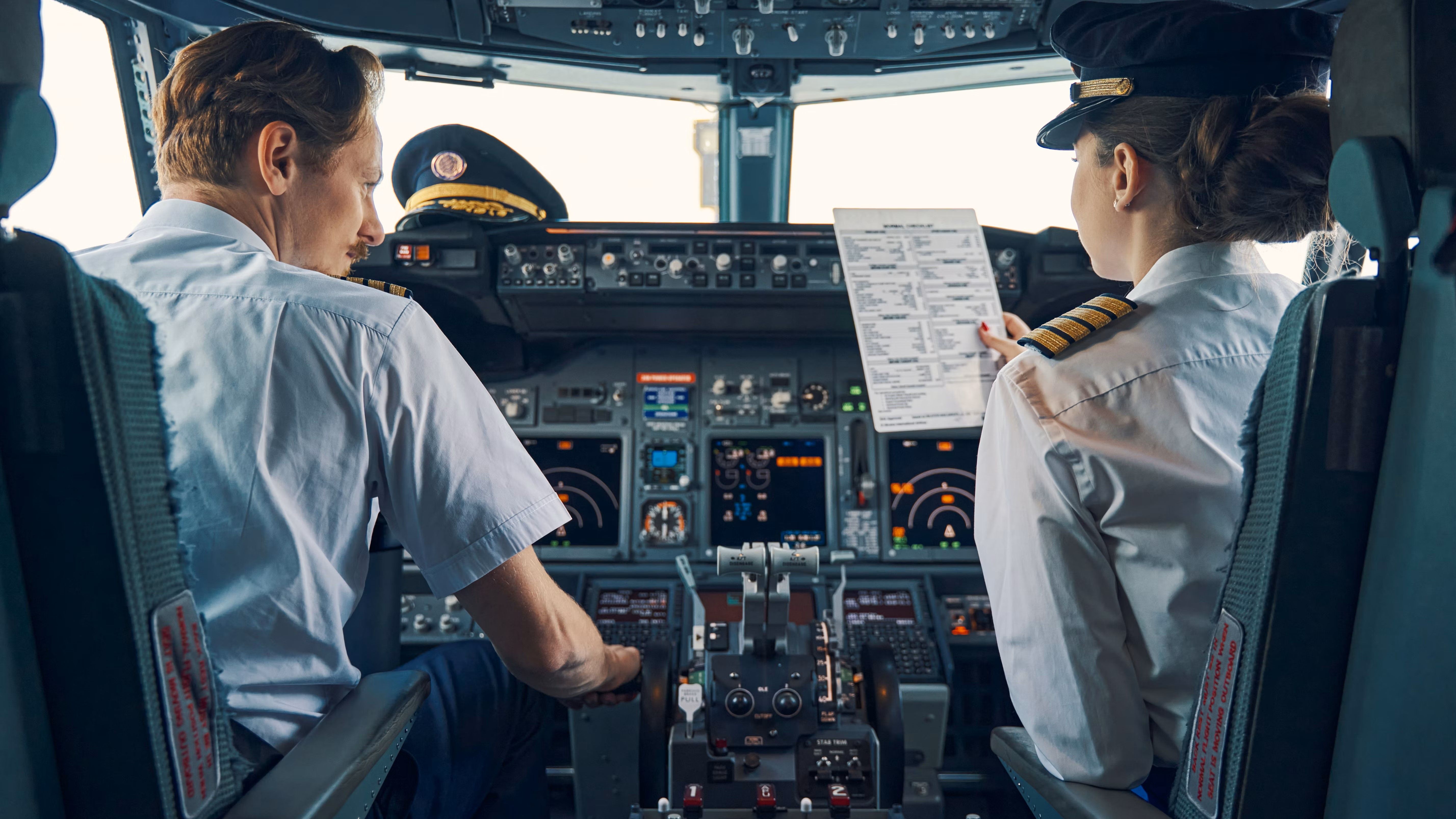 Two Pilots in the cockpit of a commercial airliner.