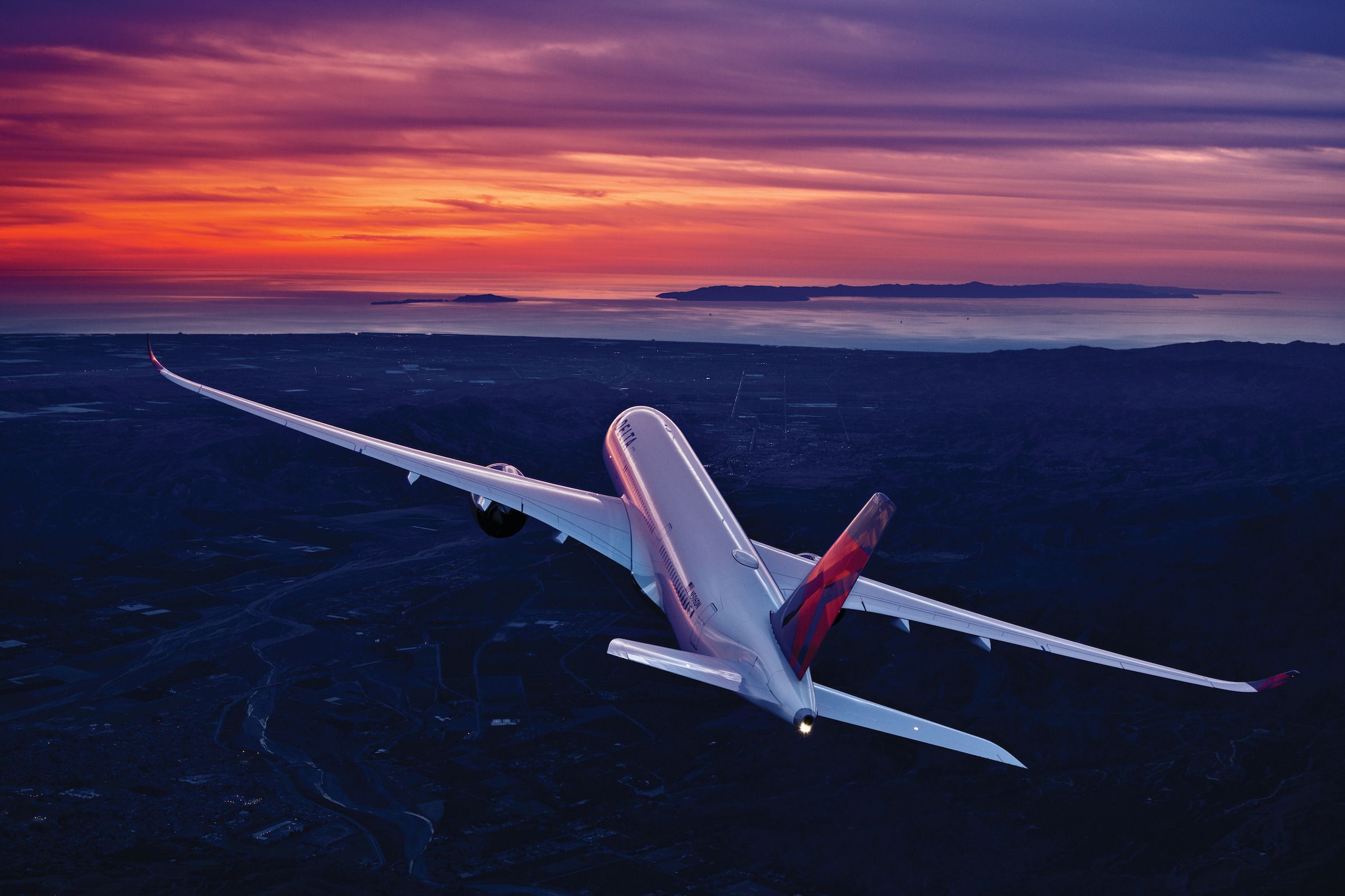 A Delta Air Lines Airbus A350 at sunset