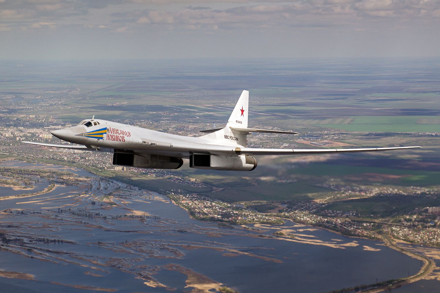 A Tupolev Tu-160 flying in the sky.