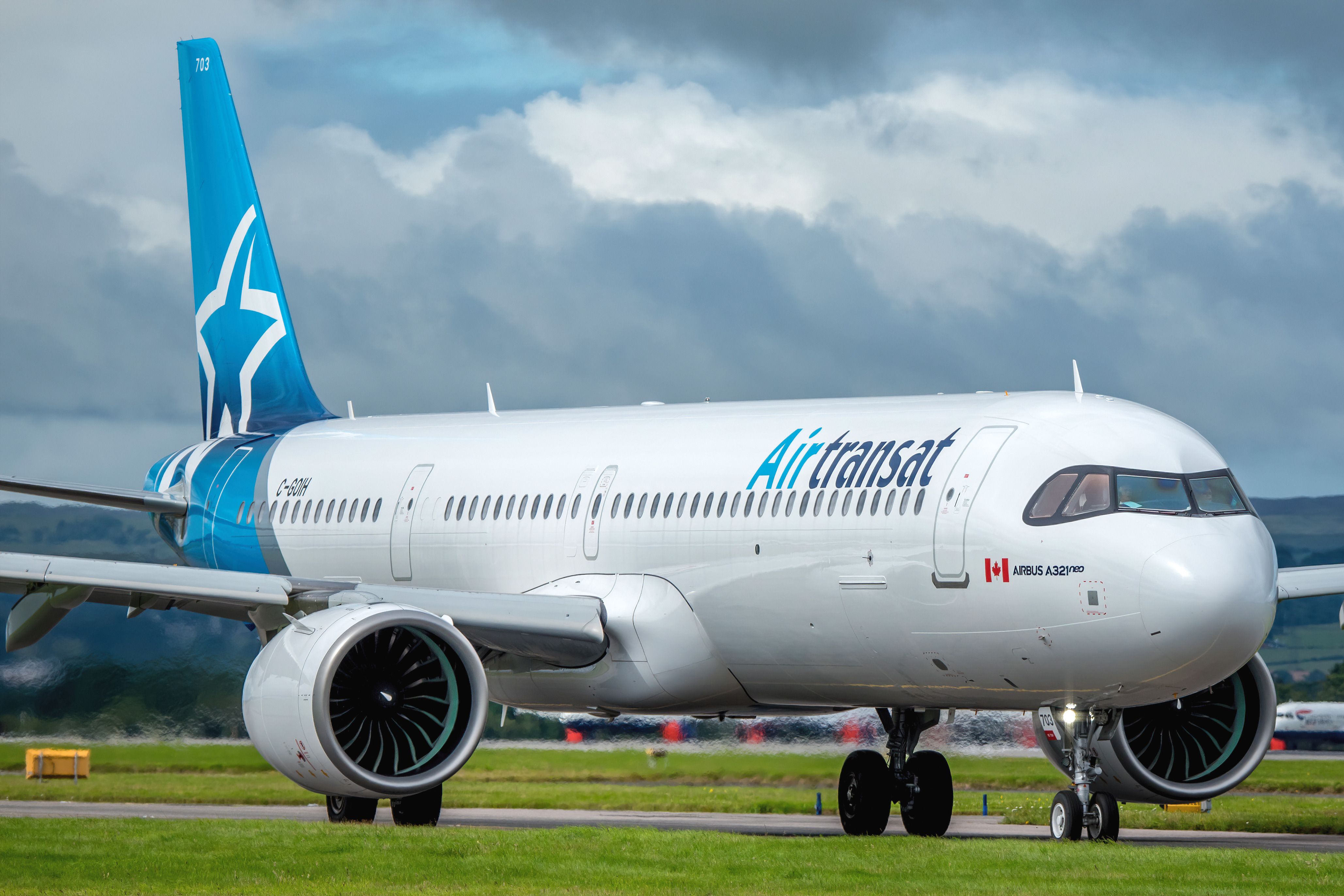 An Air Transat A321LR taxing down for take off at Glasgow