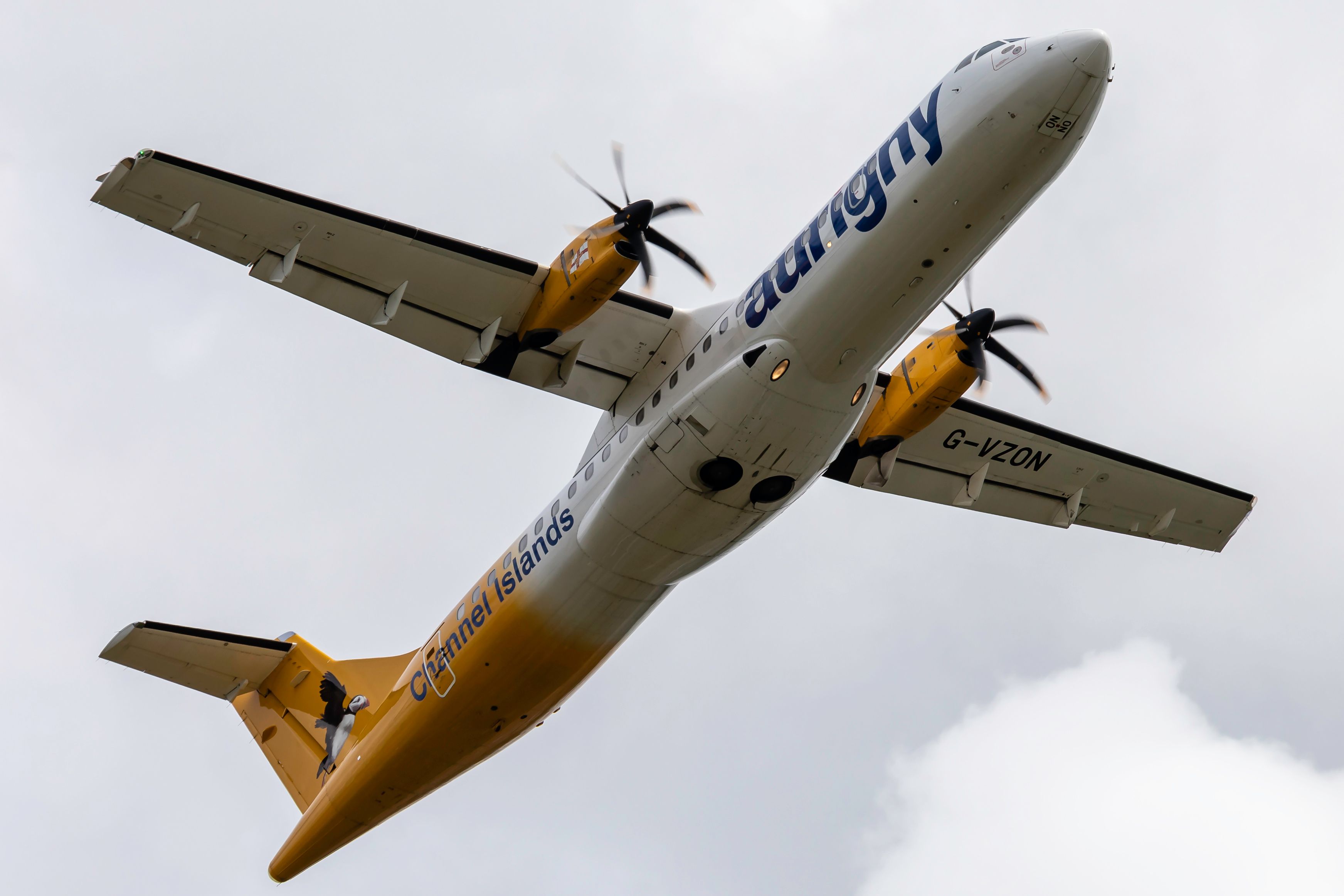 An Aurigny Air Services ATR aircraft flying 