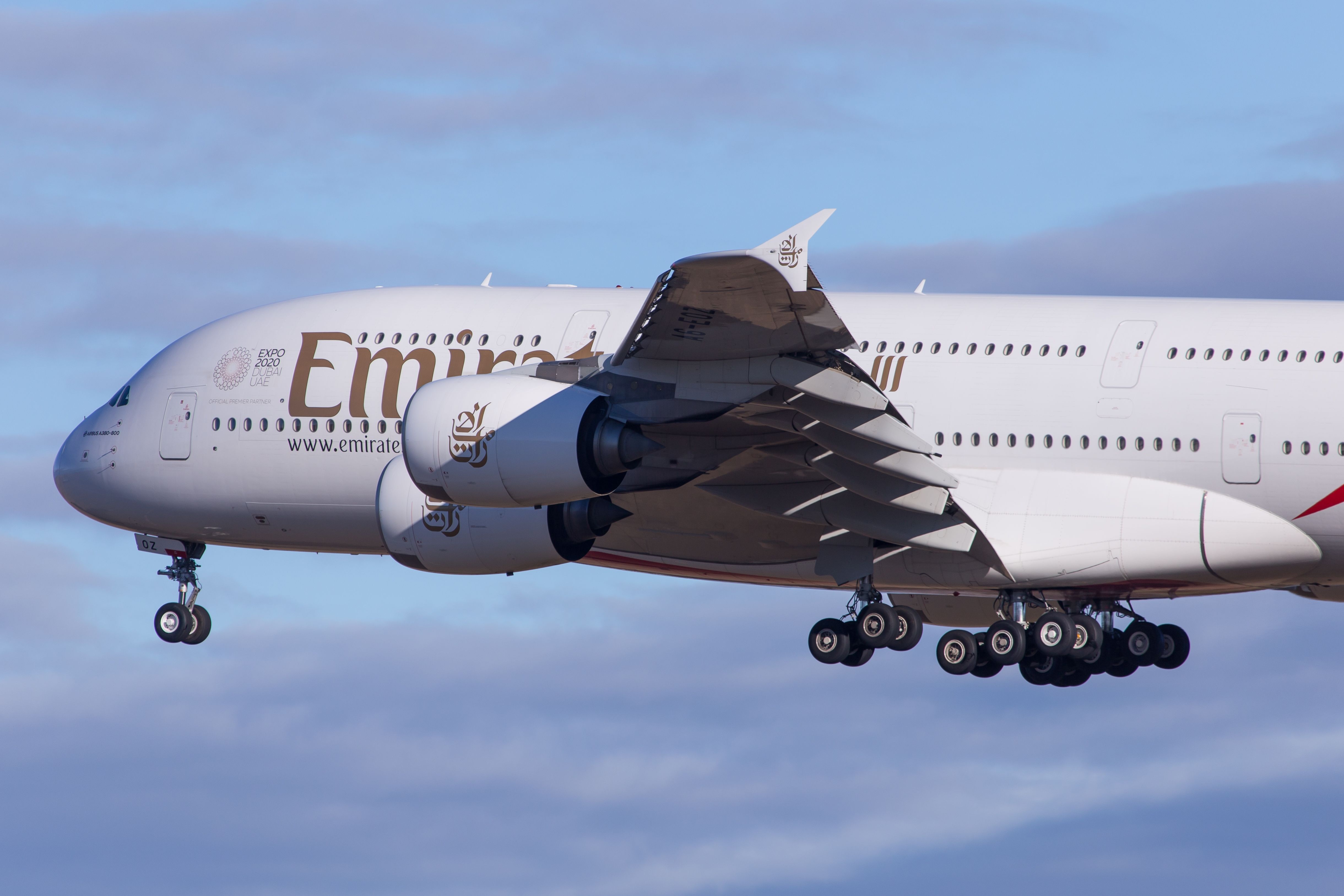 An Emirates A380 on final approach