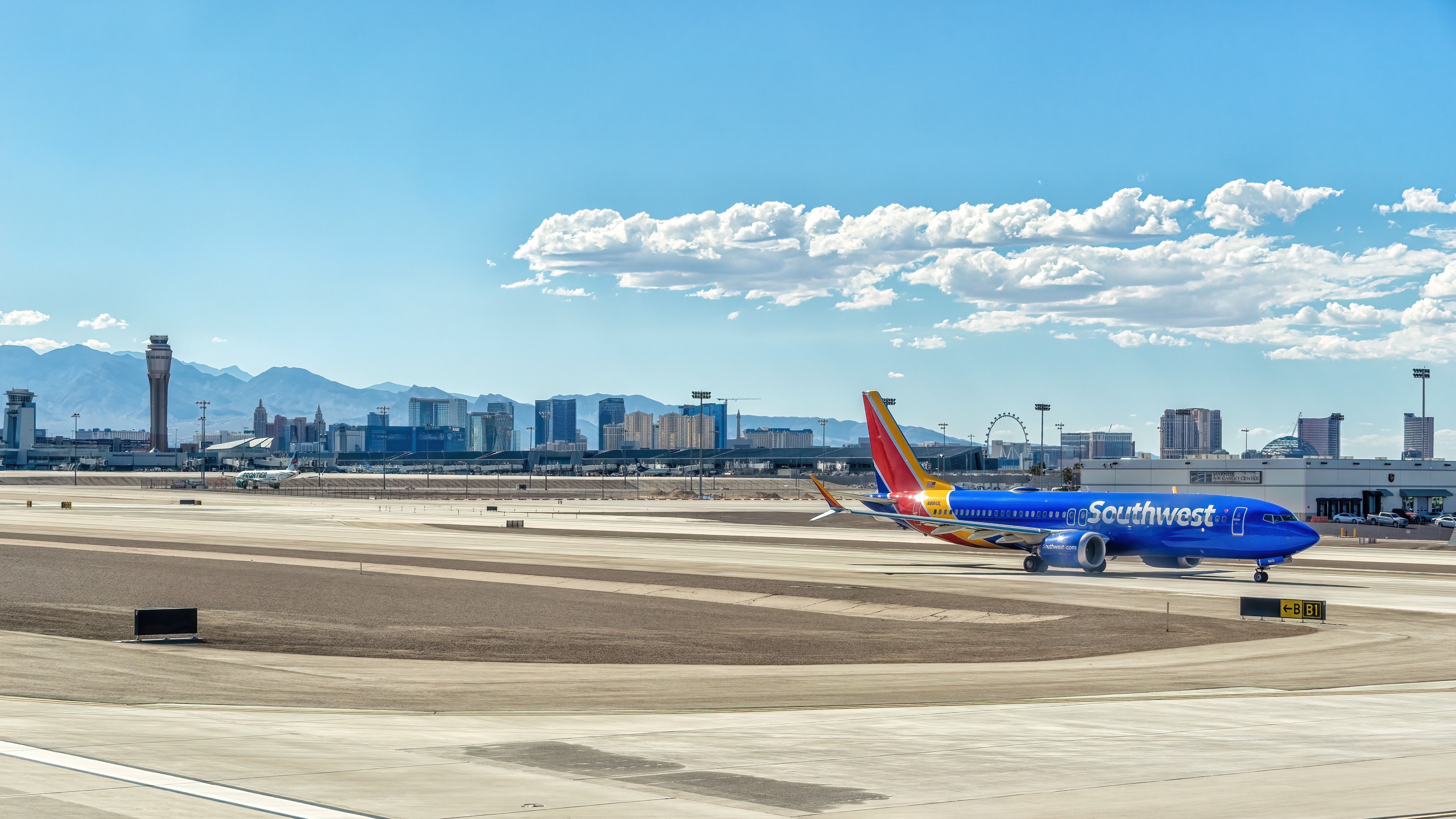 A Southwest Airilnes Aircraft on the apron in Las Vegas.