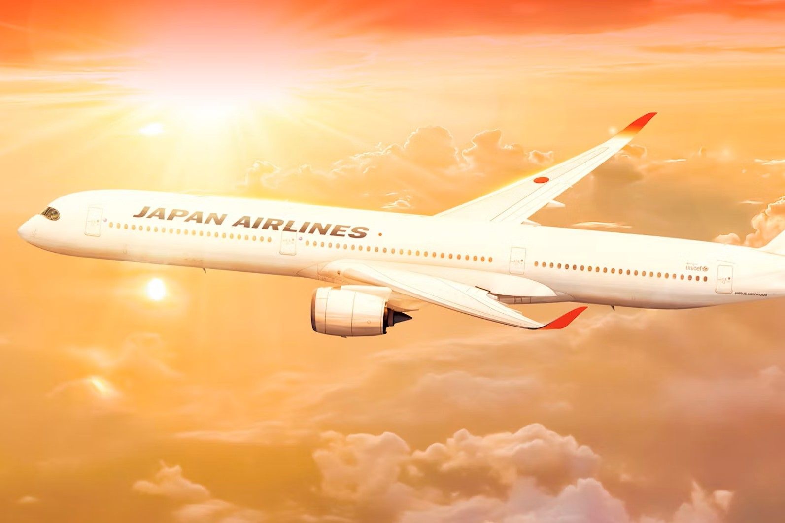 A Render of a Japan Airlines A350-1000 flying in the sky.