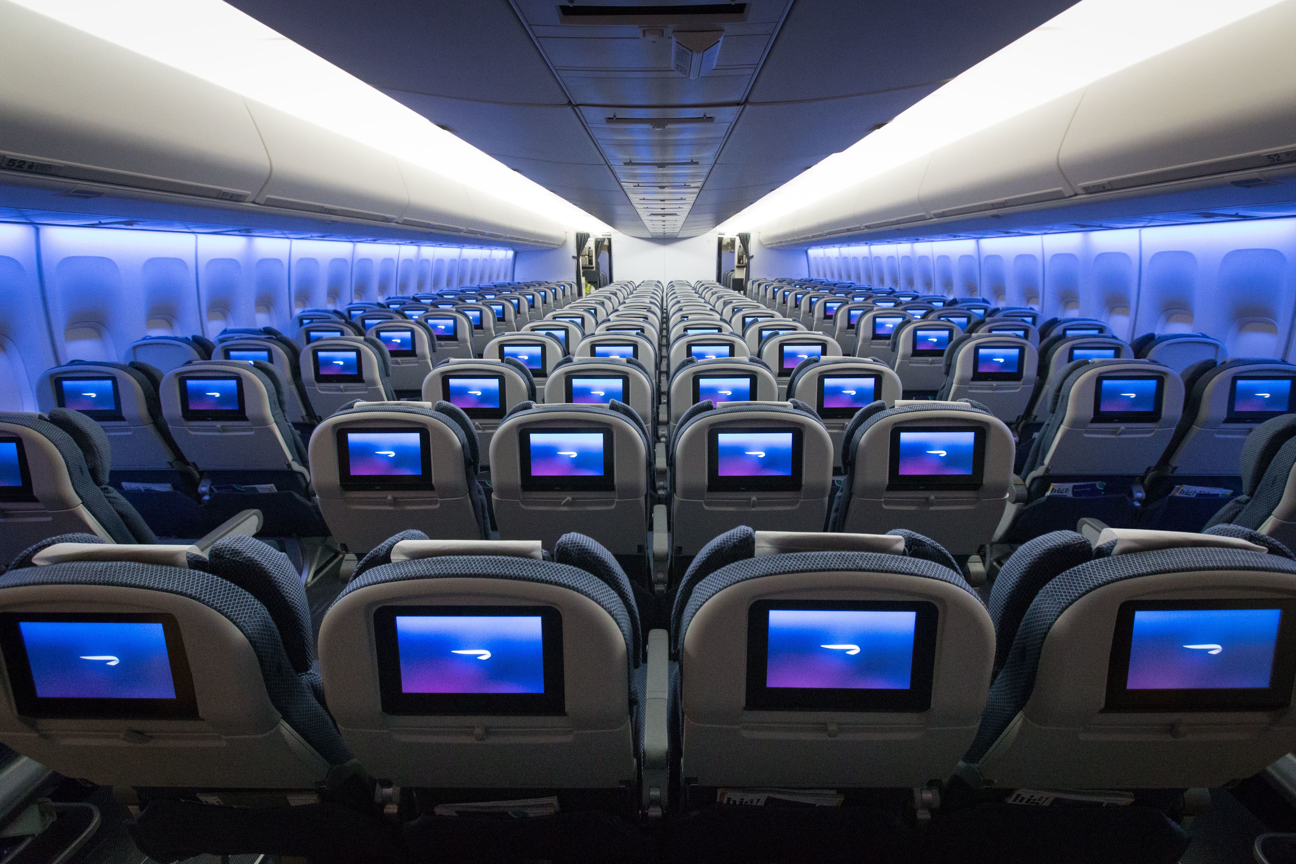 A panoramic view of the British Airways World Traveller Cabin.
