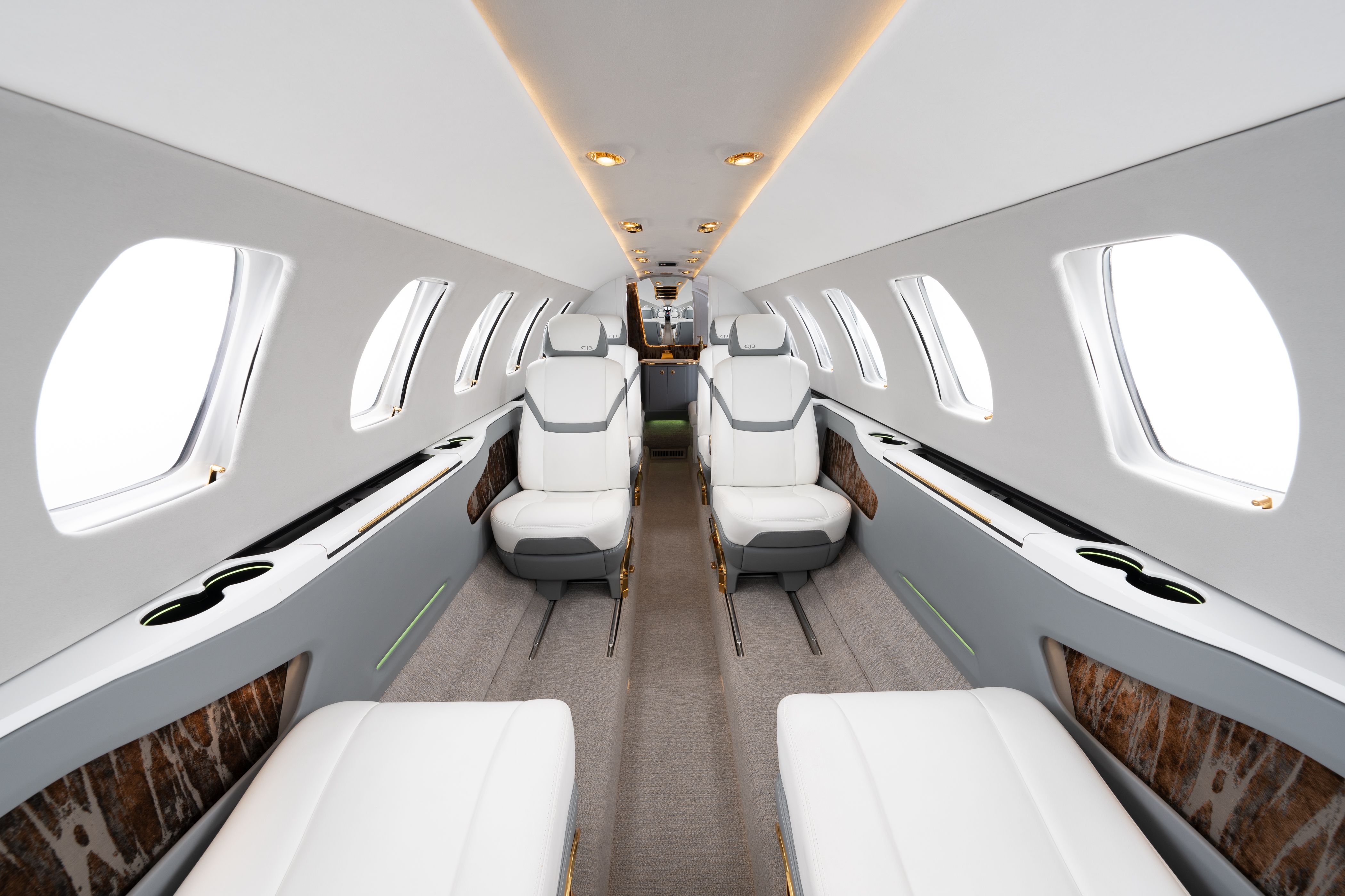 Inside the main cabin of a Cessna Citation CJ3 Gen2.