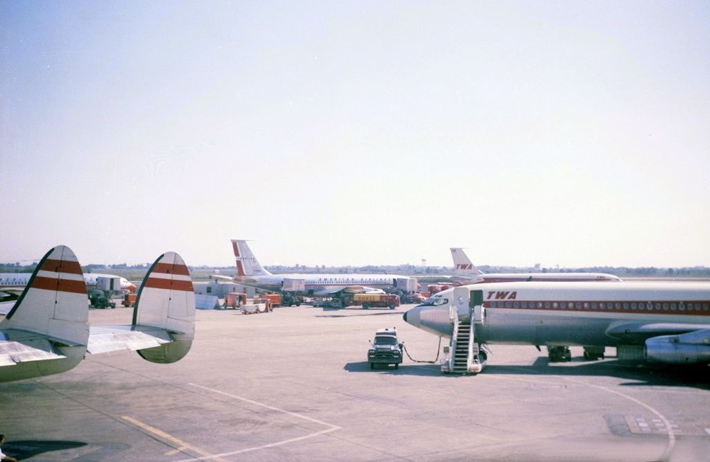 Several TWA aircraft parked on the apron at Chicago O'Hare Airport.