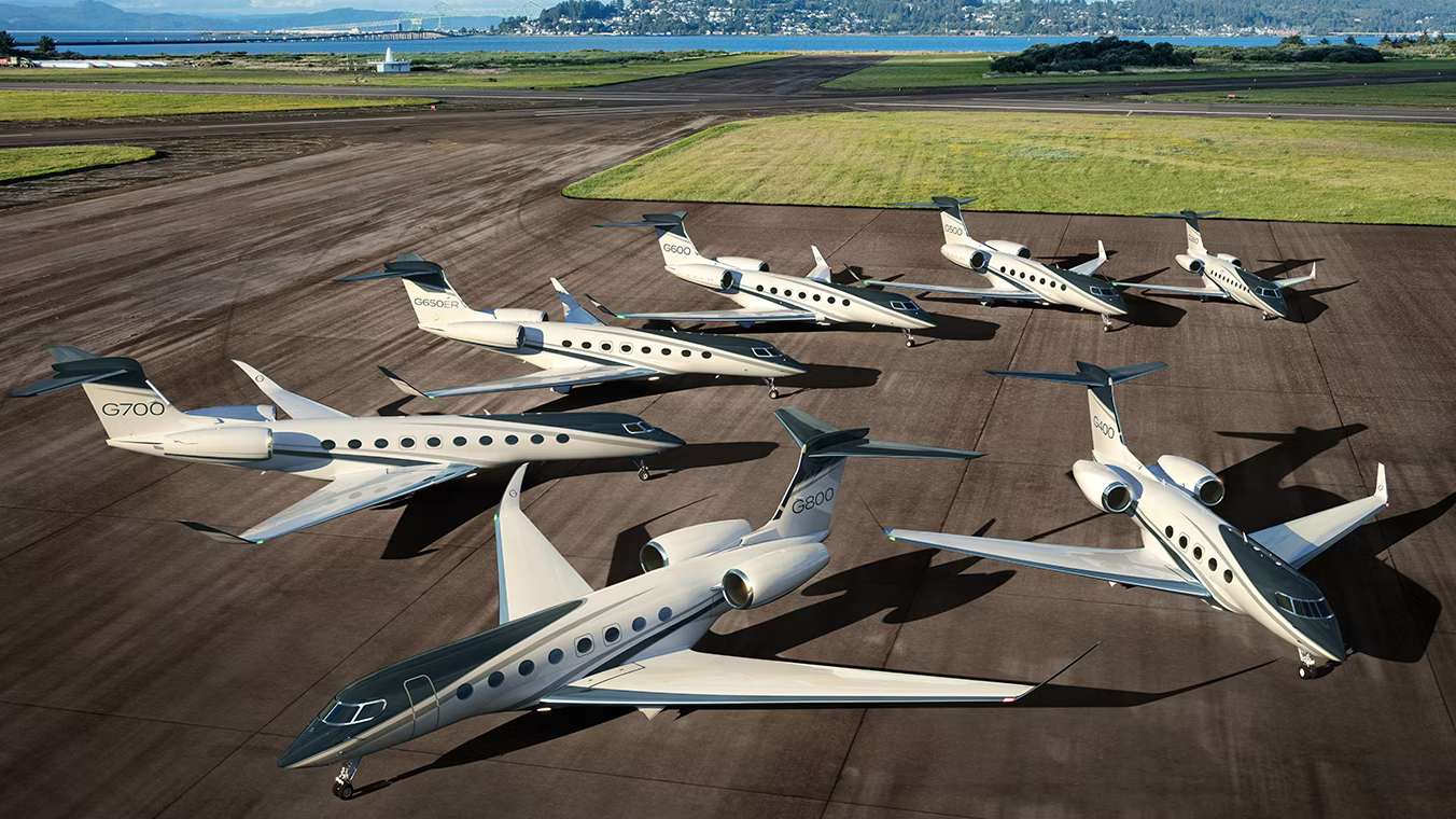 The entire Gulfstream Aircraft lineup parked side by side on an airport apron.