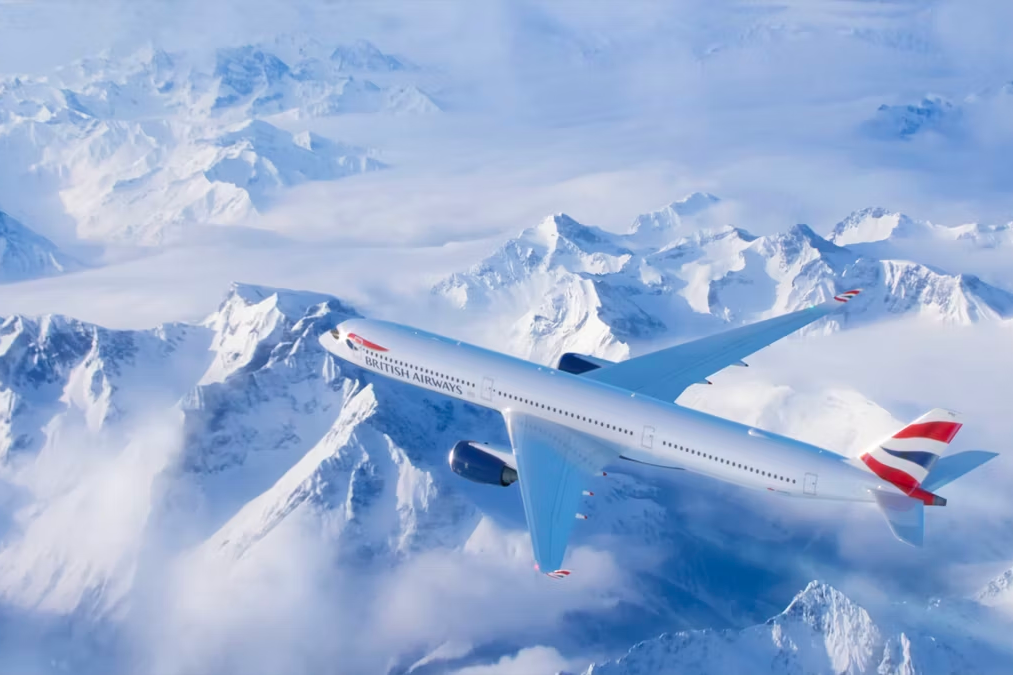 British Airways Airbus A350 flying over snowy mountains