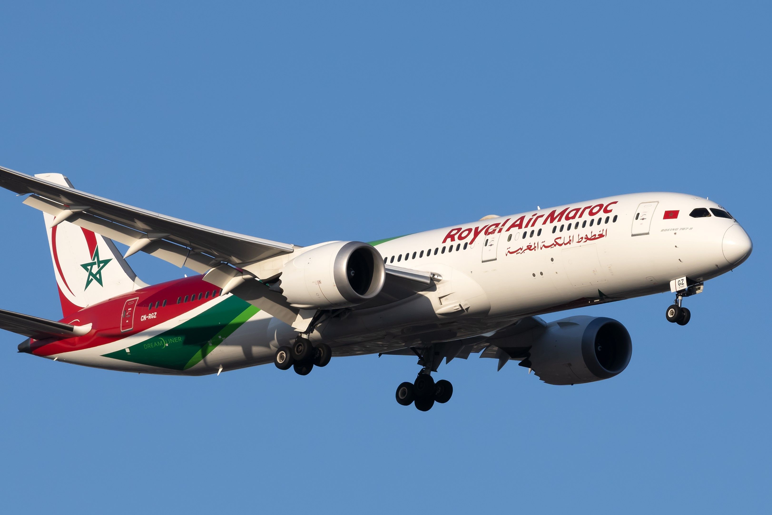 A Royal Air Maroc Boeing 787-9 Dreamliner flying in the sky.