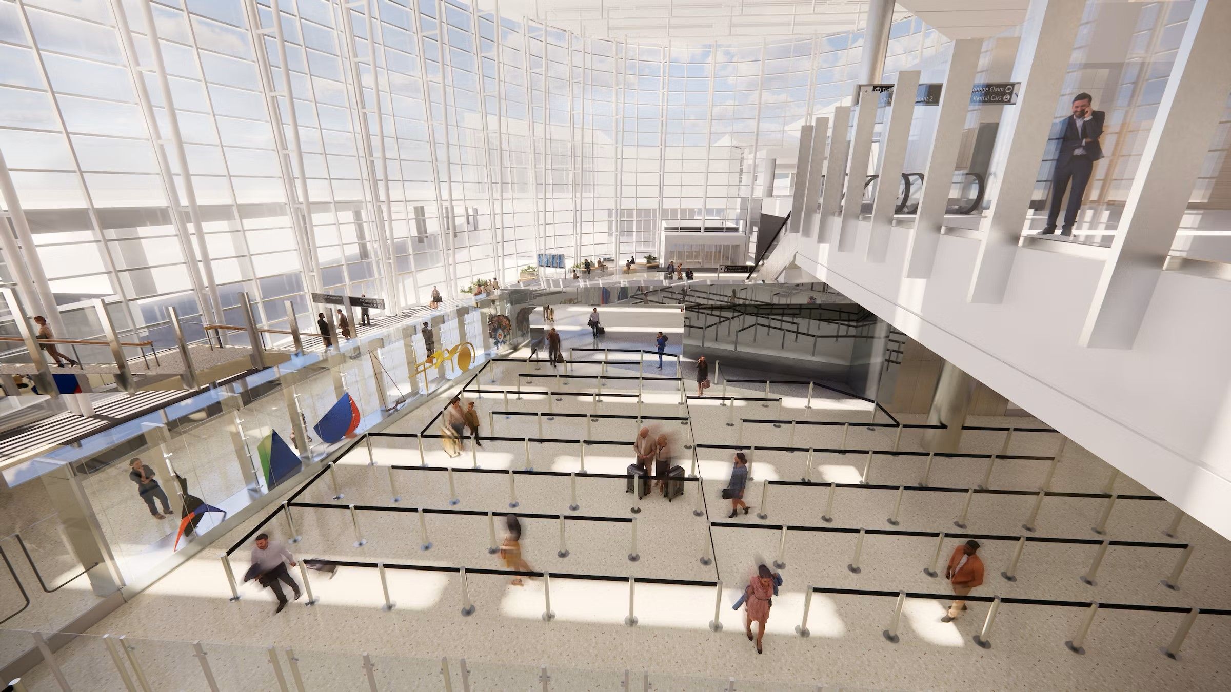 A render of a modern airport security checkpoint.