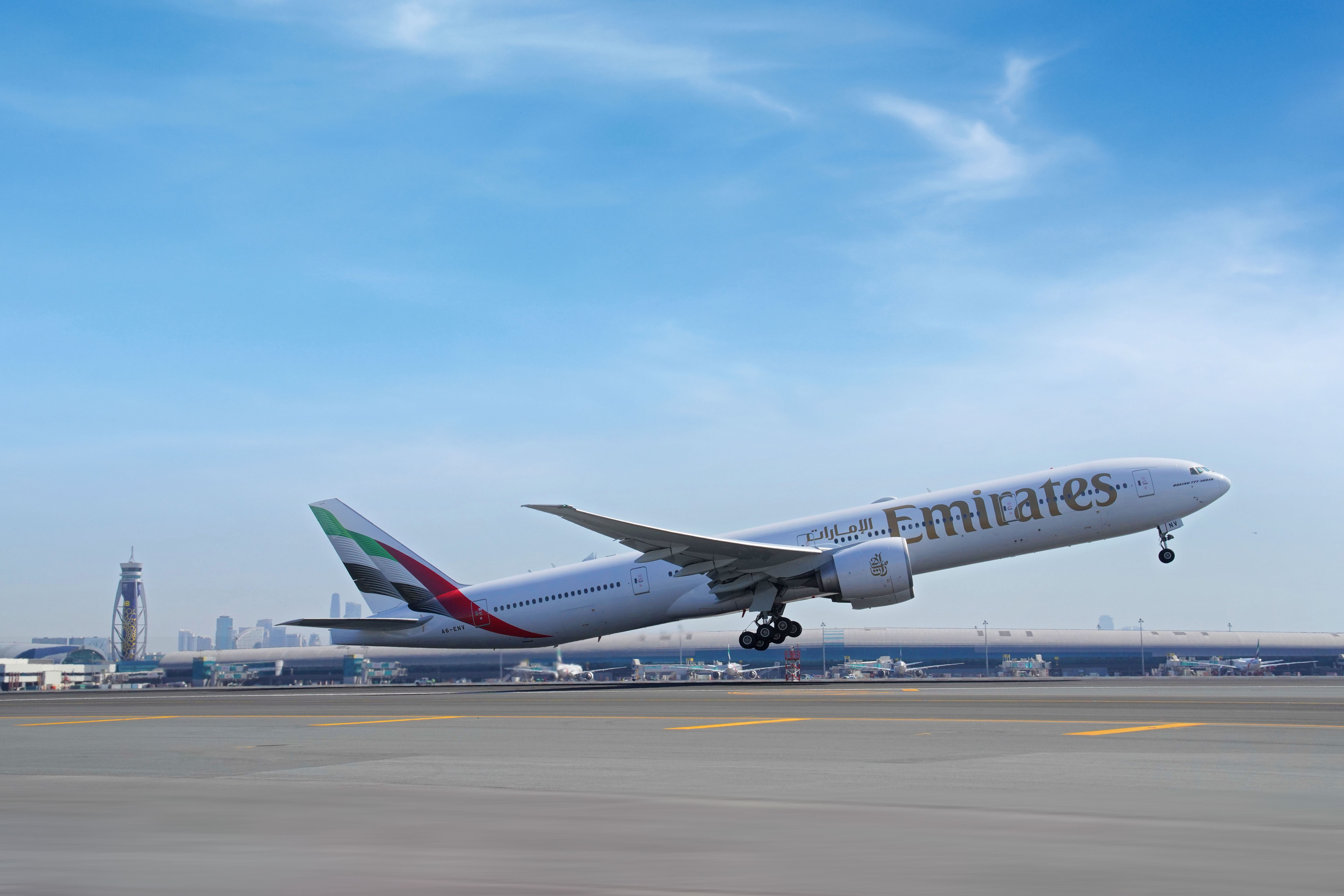 An Emirates Boeing 777 taking off from Dubai.