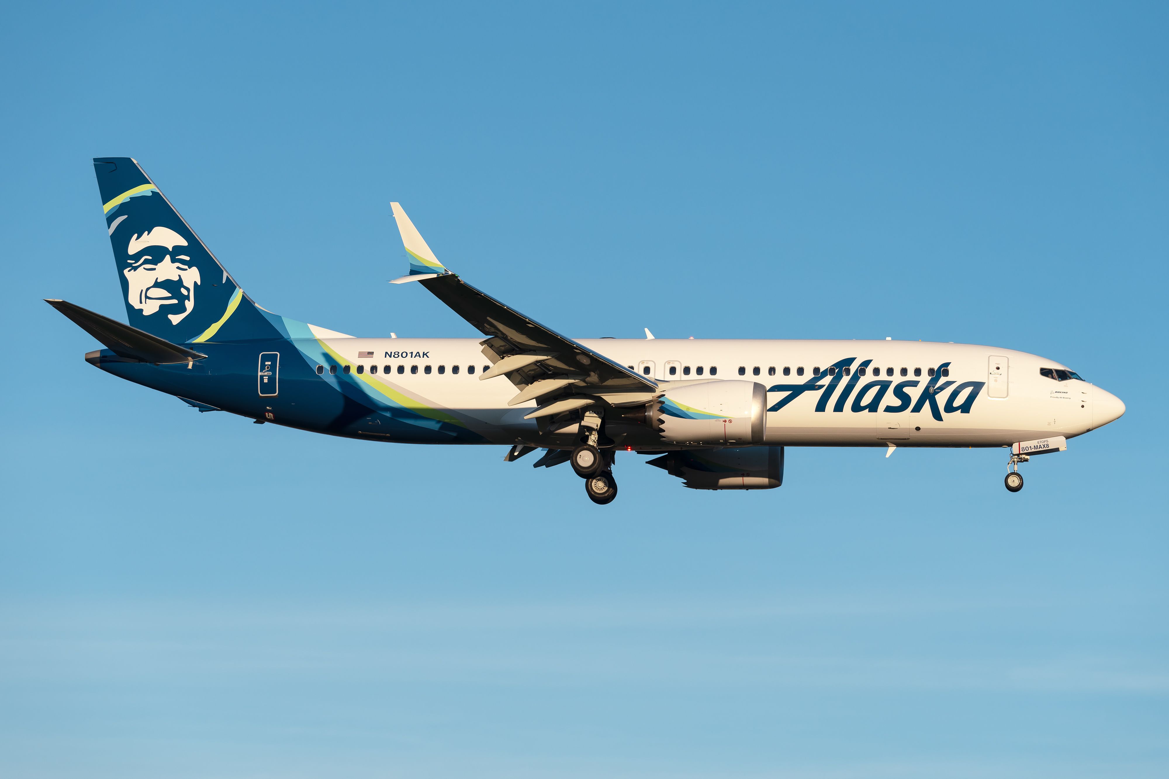 An Alaska Airlines Boeing 737 MAX 8 aircraft flying.