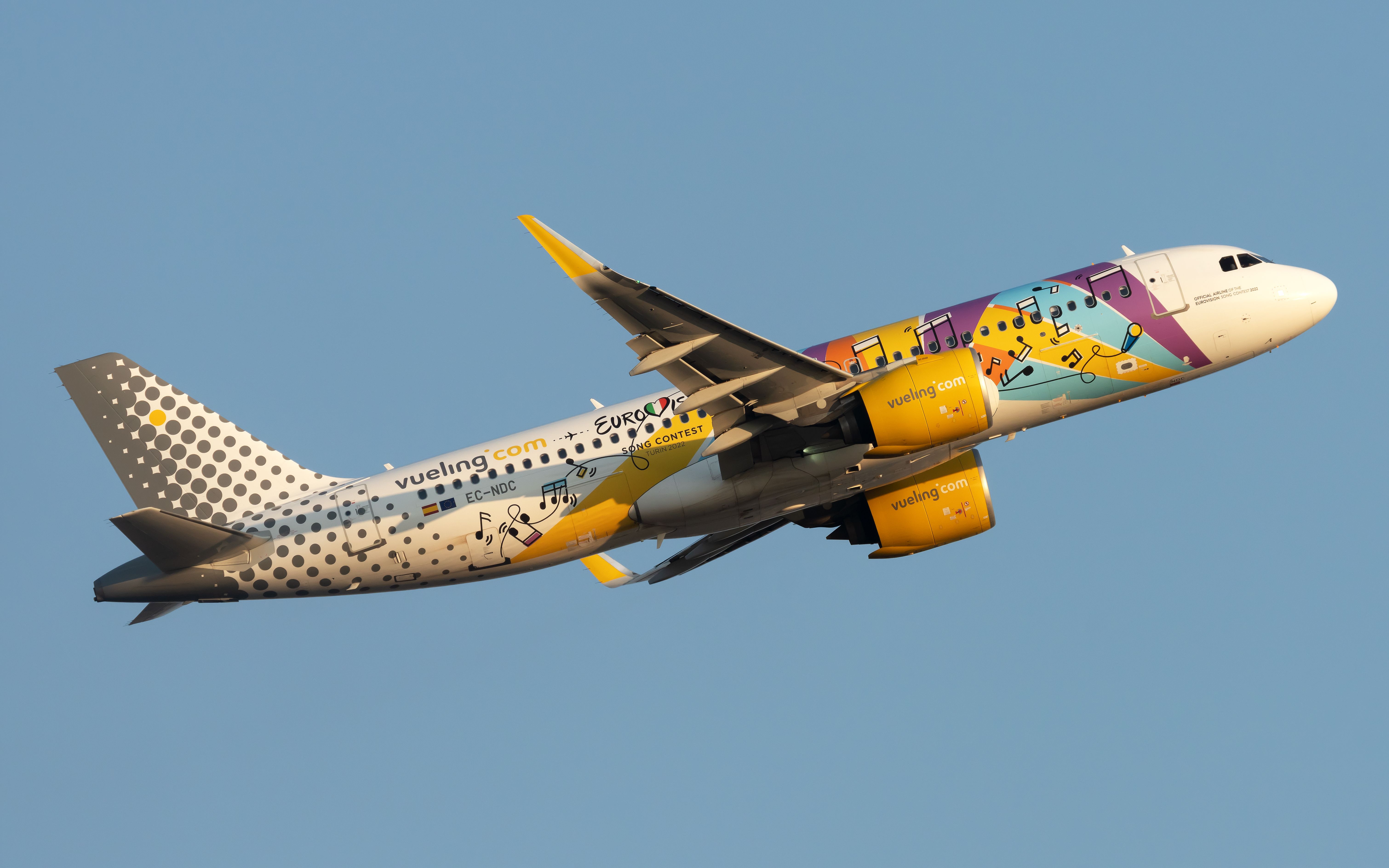 A Vueling Airbus A320neo aircraft with the Eurovision Song Contest 2022 Livery.