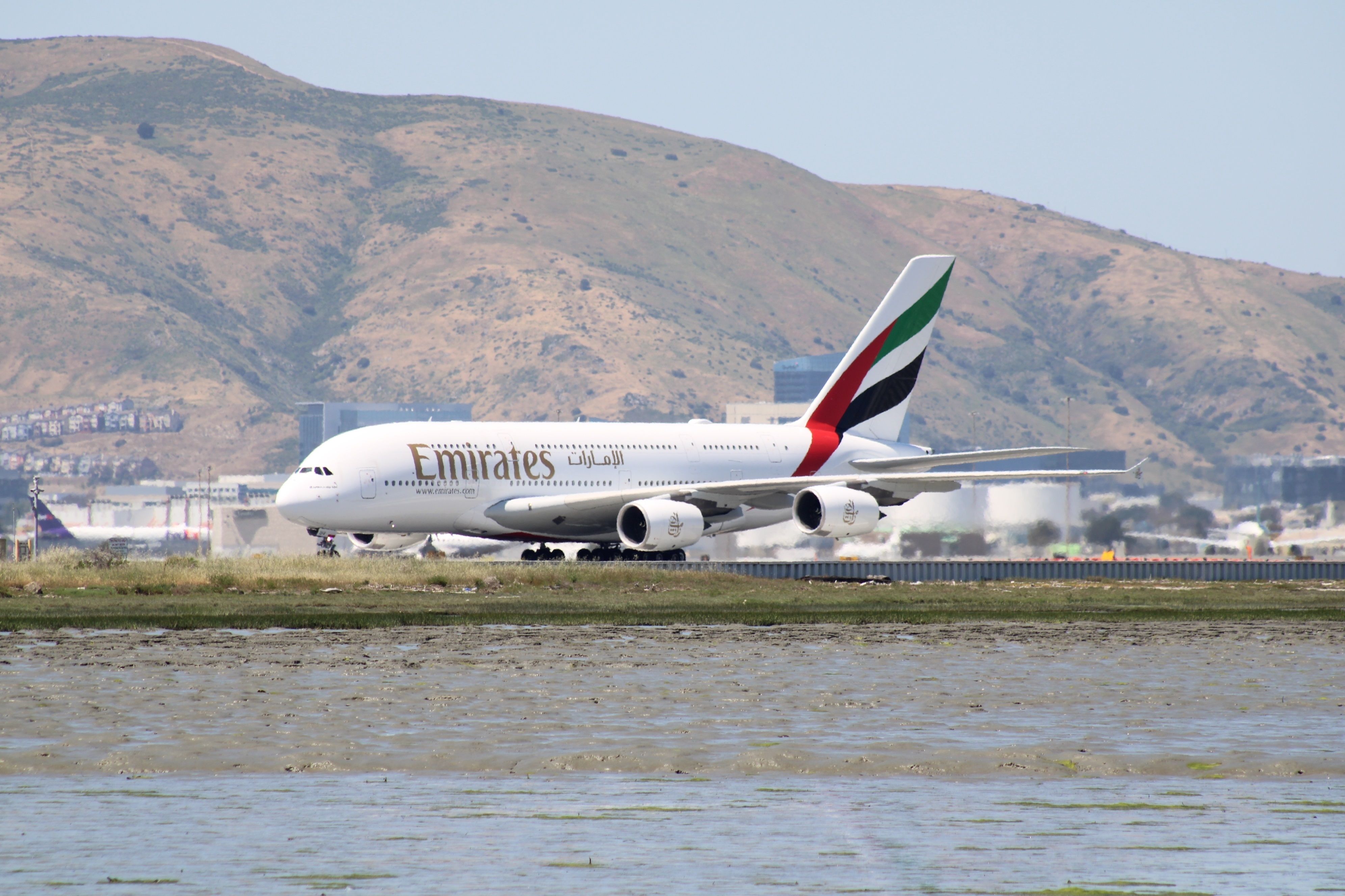 An Emirates Airbus A380 on the airport apron in San Francisco.
