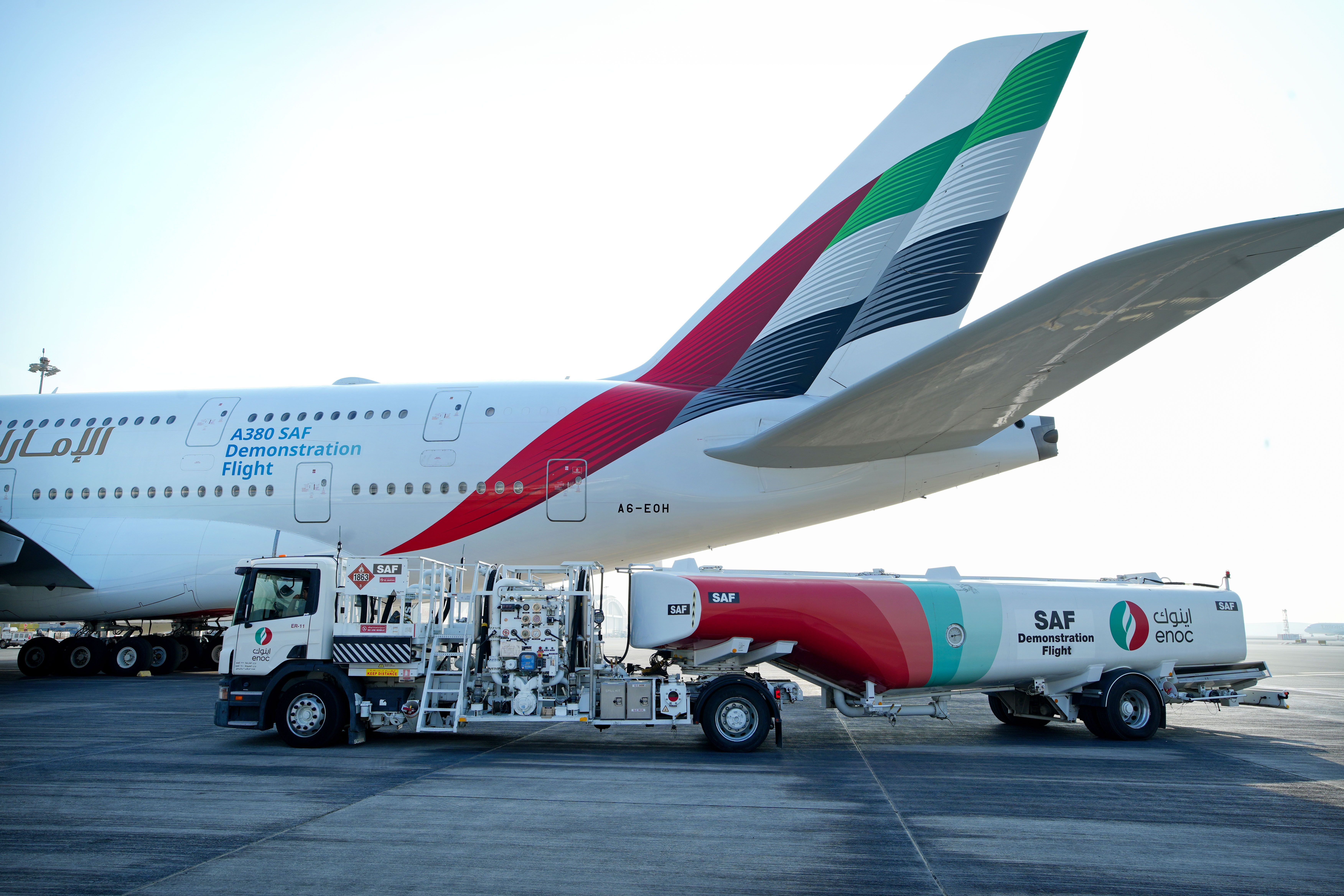 Emirates Airbus A380 being refueled with SAF