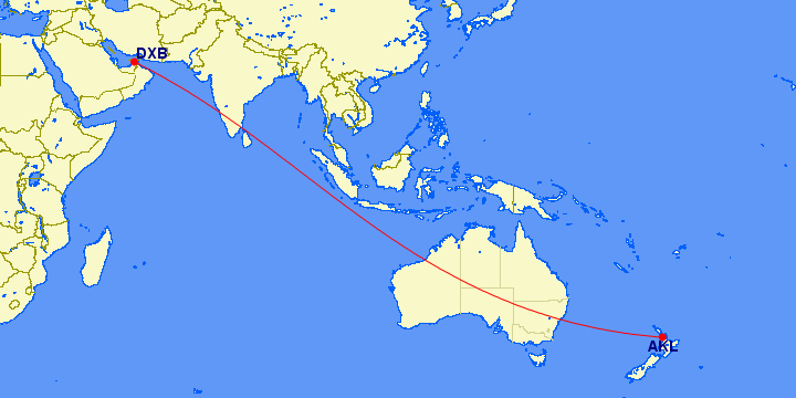 A map of Asia and Oceania, showing the map for Emirates; longest non stop flight using the Airbus A380.