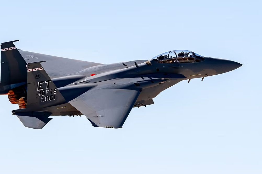 An F-15EX Flying in the sky.