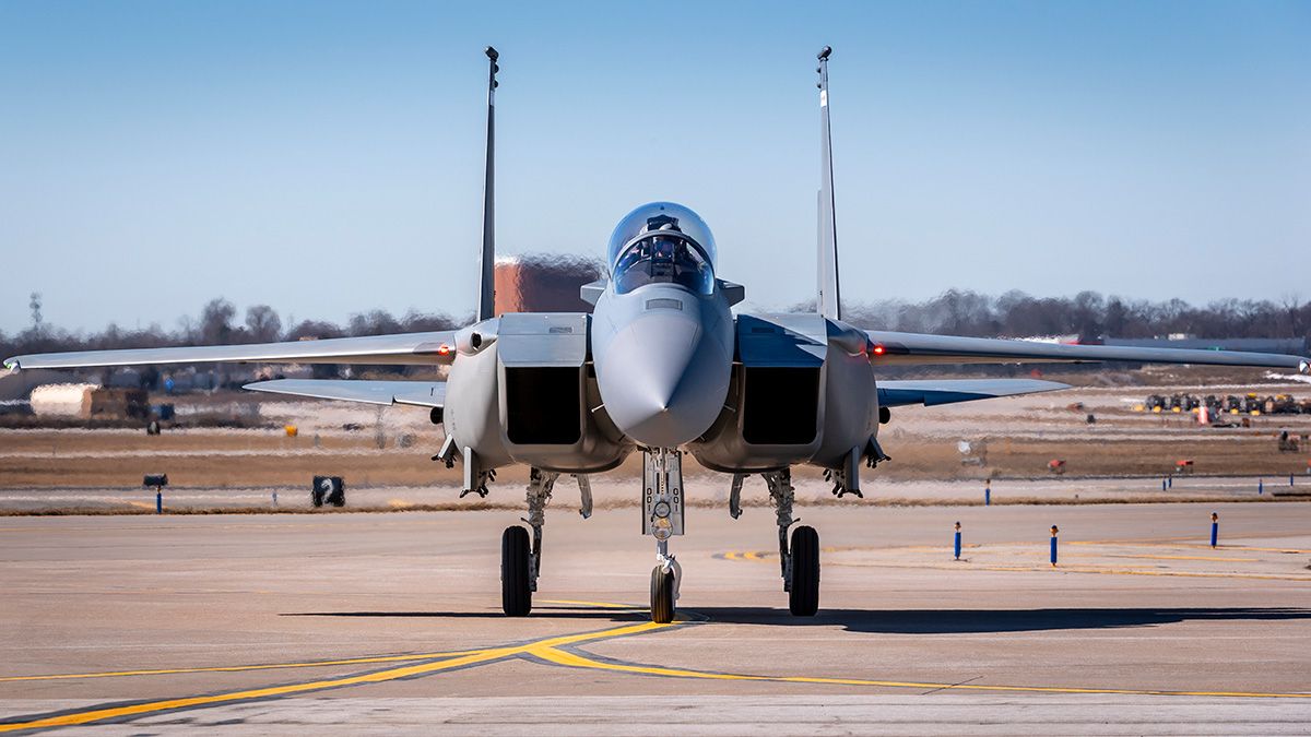 An F-15EX on an aiport apron.