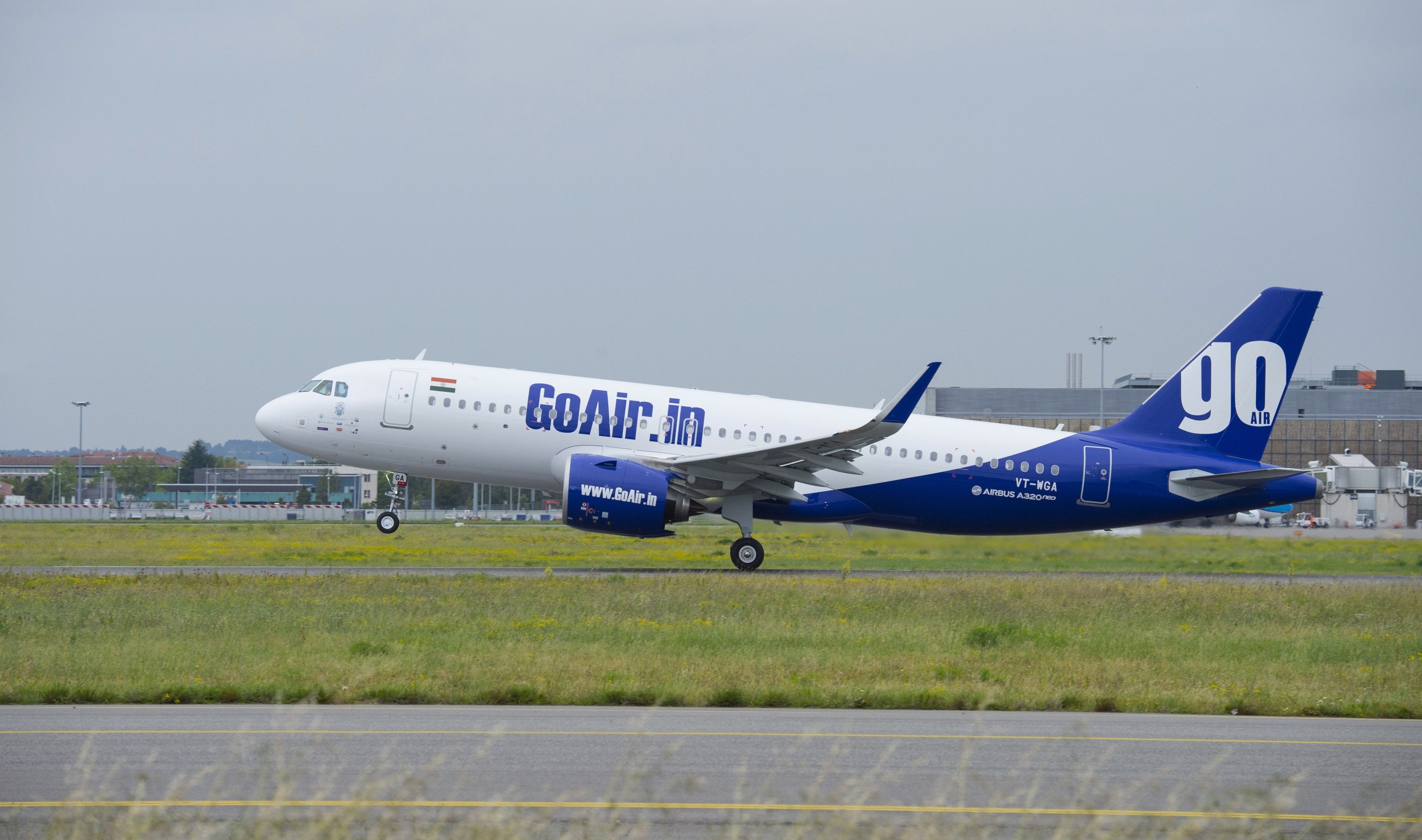 A GoAir Airbus A320 about to take off.