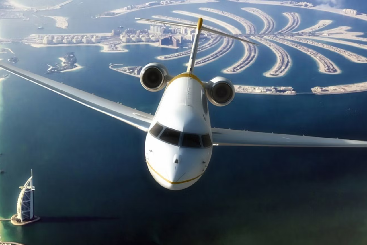A Bombardier Global 7500 Flying over Dubai.