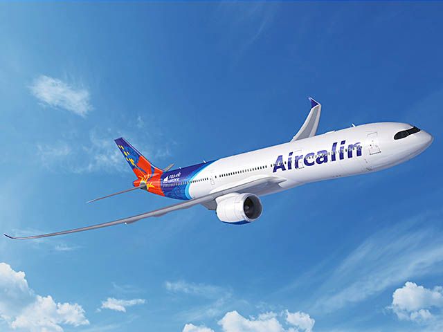 Rendering of an Airbus A330neo with the Aircalin colors.