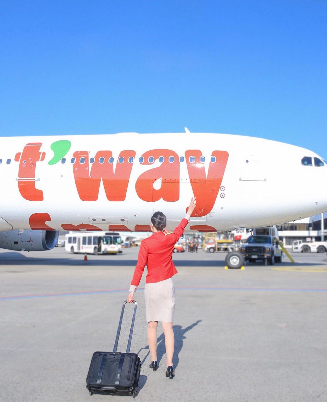 T'way Air flight attendant and Airbus A330.