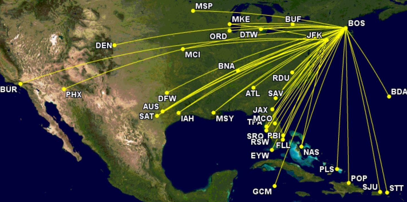 JetBlue's A220-300 network December 2023