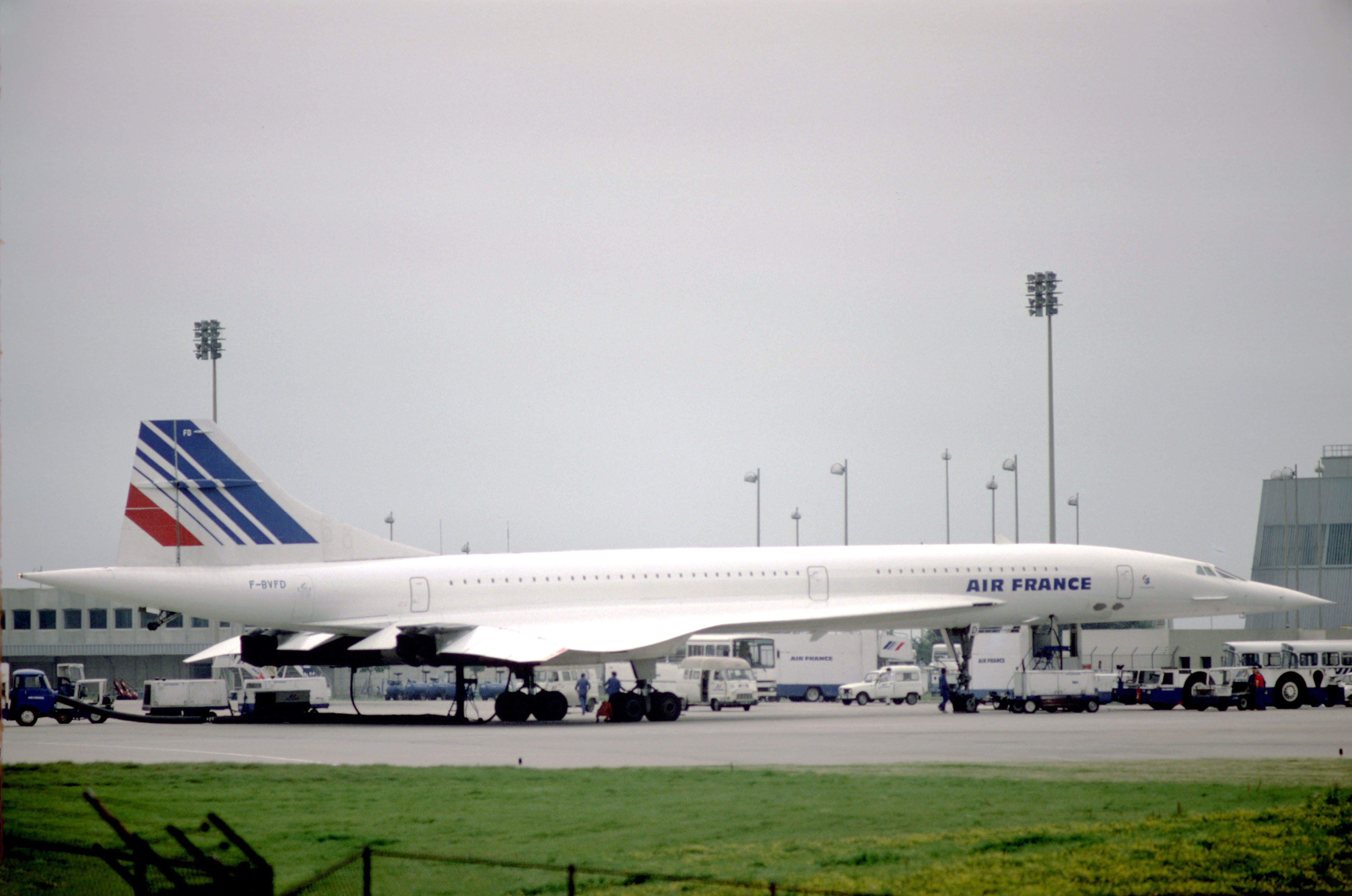 An Air France Concorde on an airport apron.