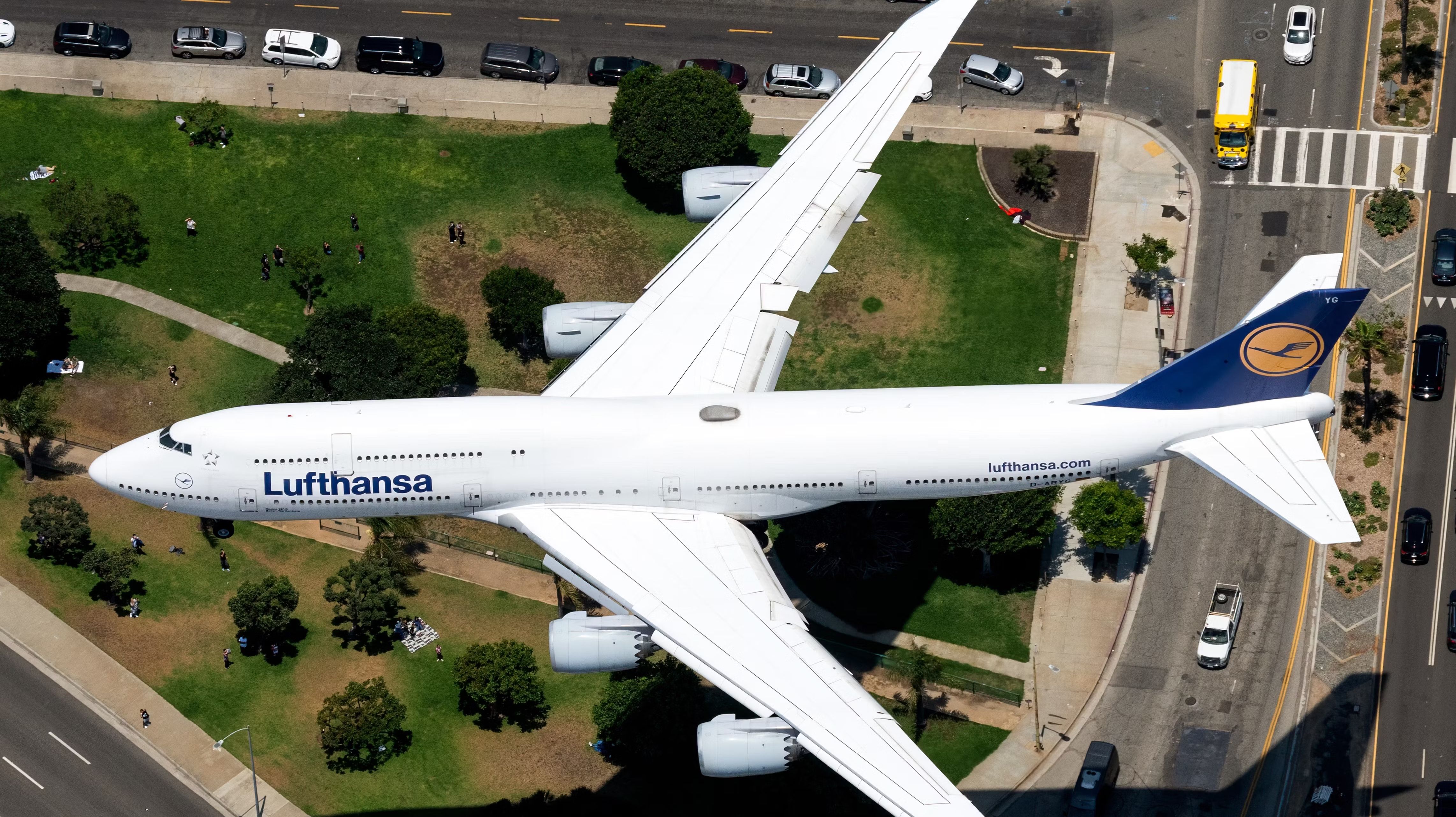 A Lufthansa Boeing 747-8 about to land.