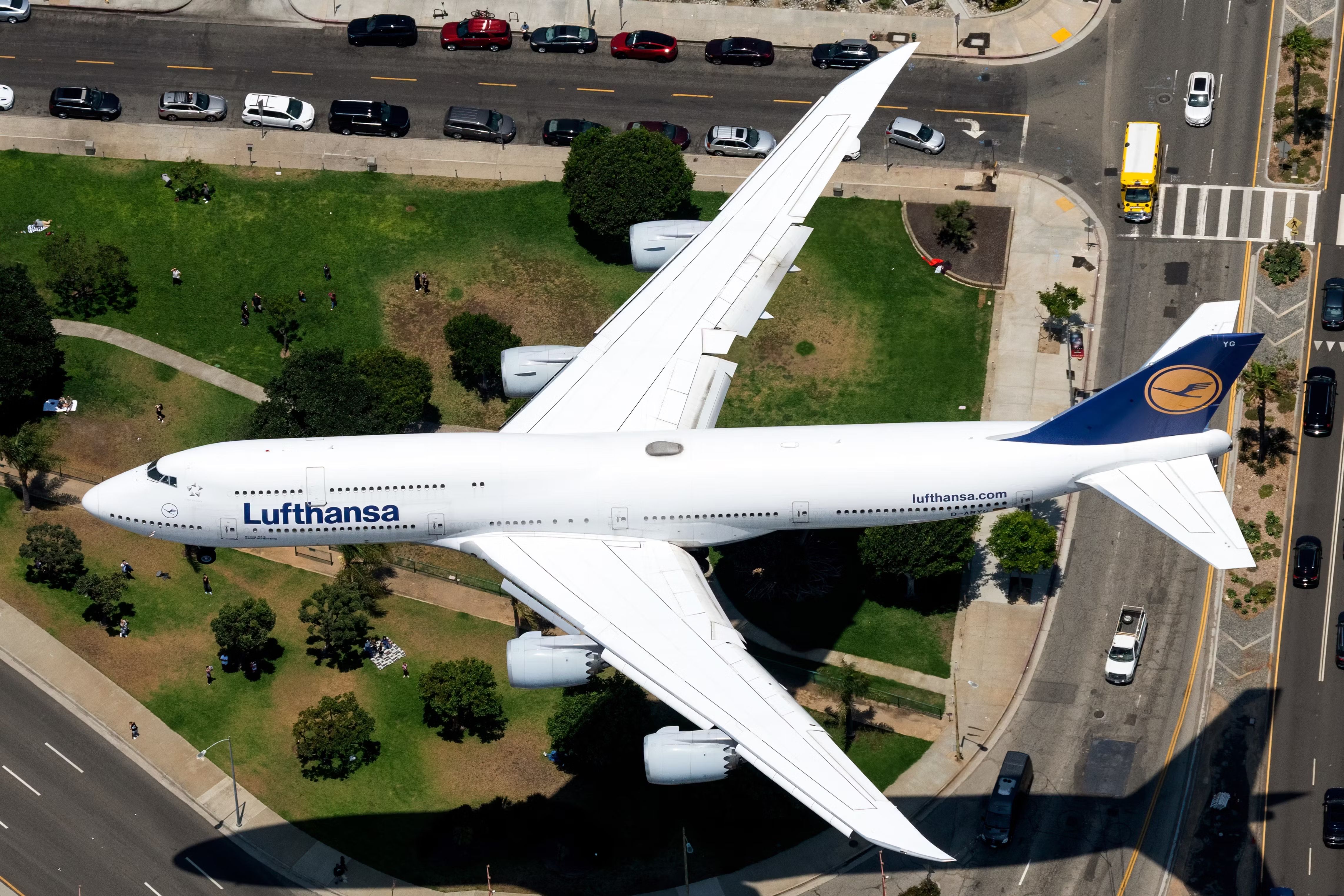 A Lufthansa Boeing 747-8 about to land.