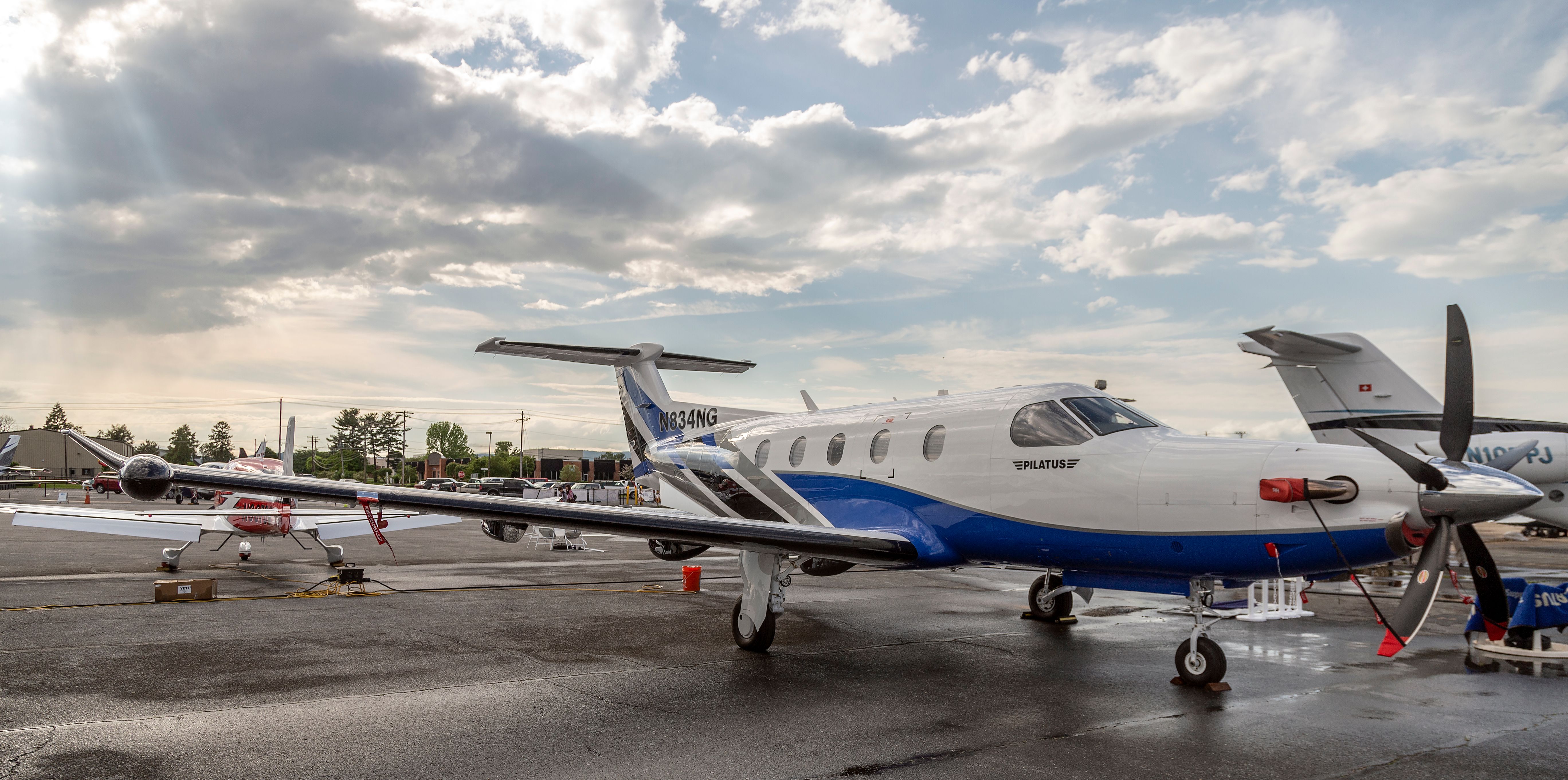 A Pilatus PC-12NG parked on an airport apron.