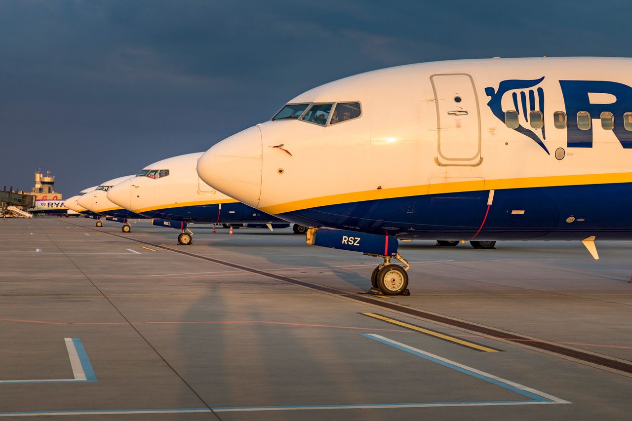 Ryanair Boeing 737 aircraft lined up on the tarmac.
