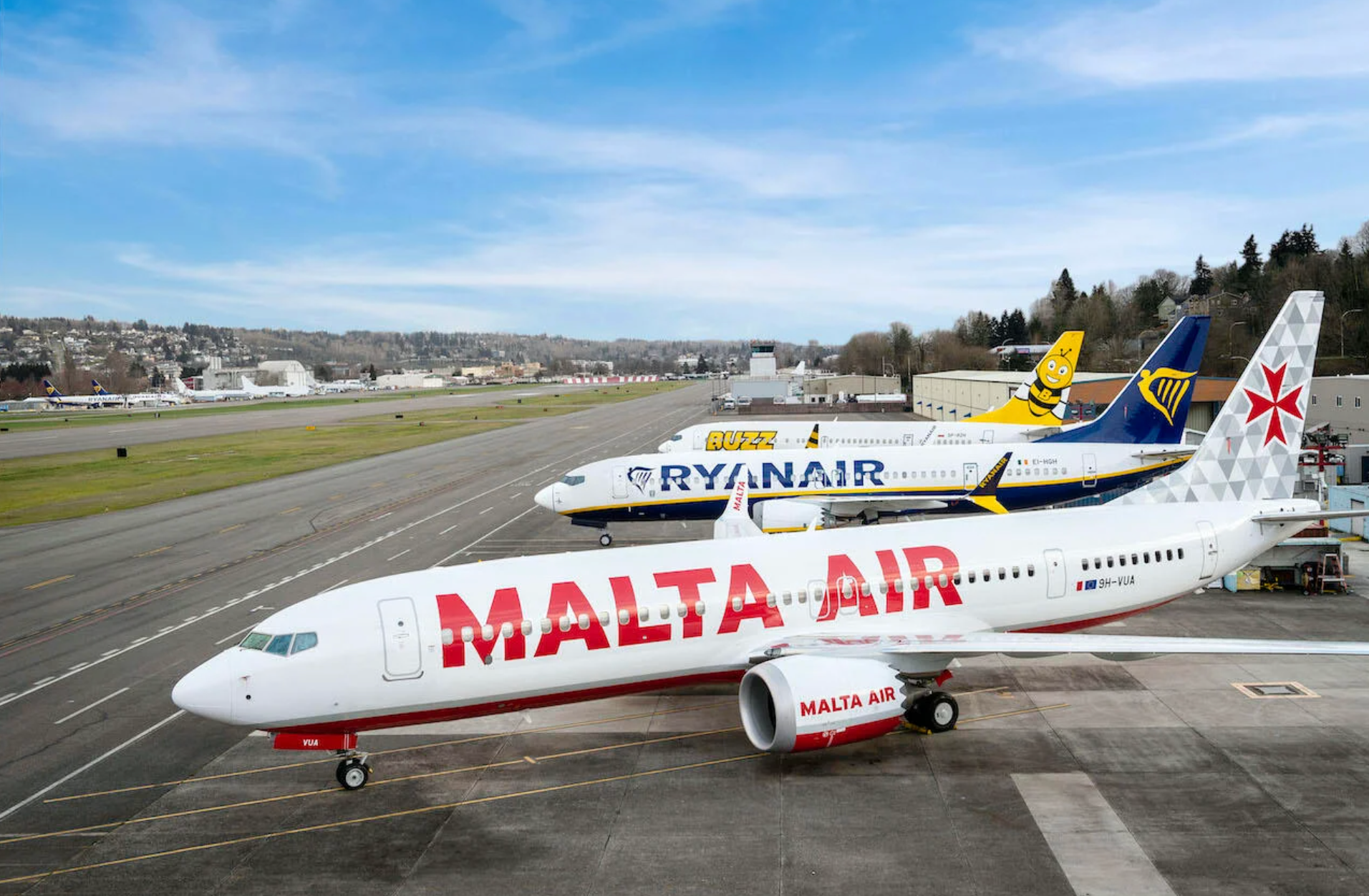 Malta Air, Ryanair, and Buzz Boeing 737 Max 8-200s parked side by side.