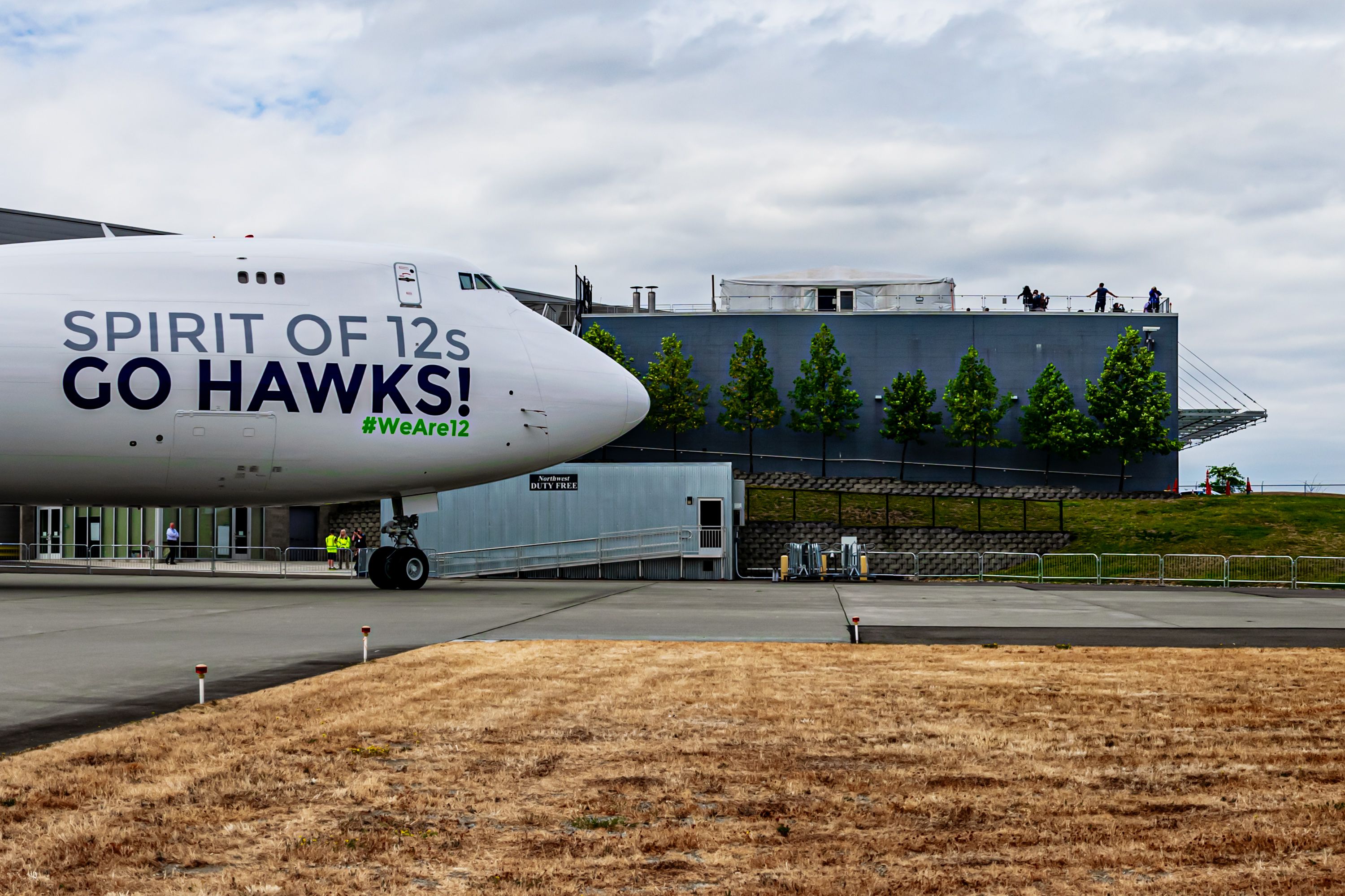 A Boeing 747-8 parked outside of the Boeing Future of Flight Store.